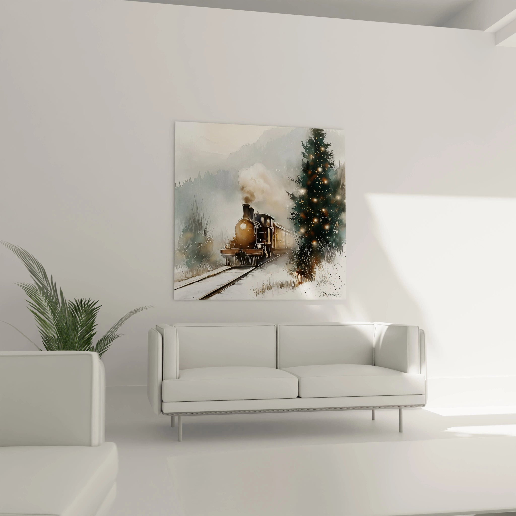 Tableau mural train express Noël avec un train à vapeur et un arbre décoré dans un paysage hivernal