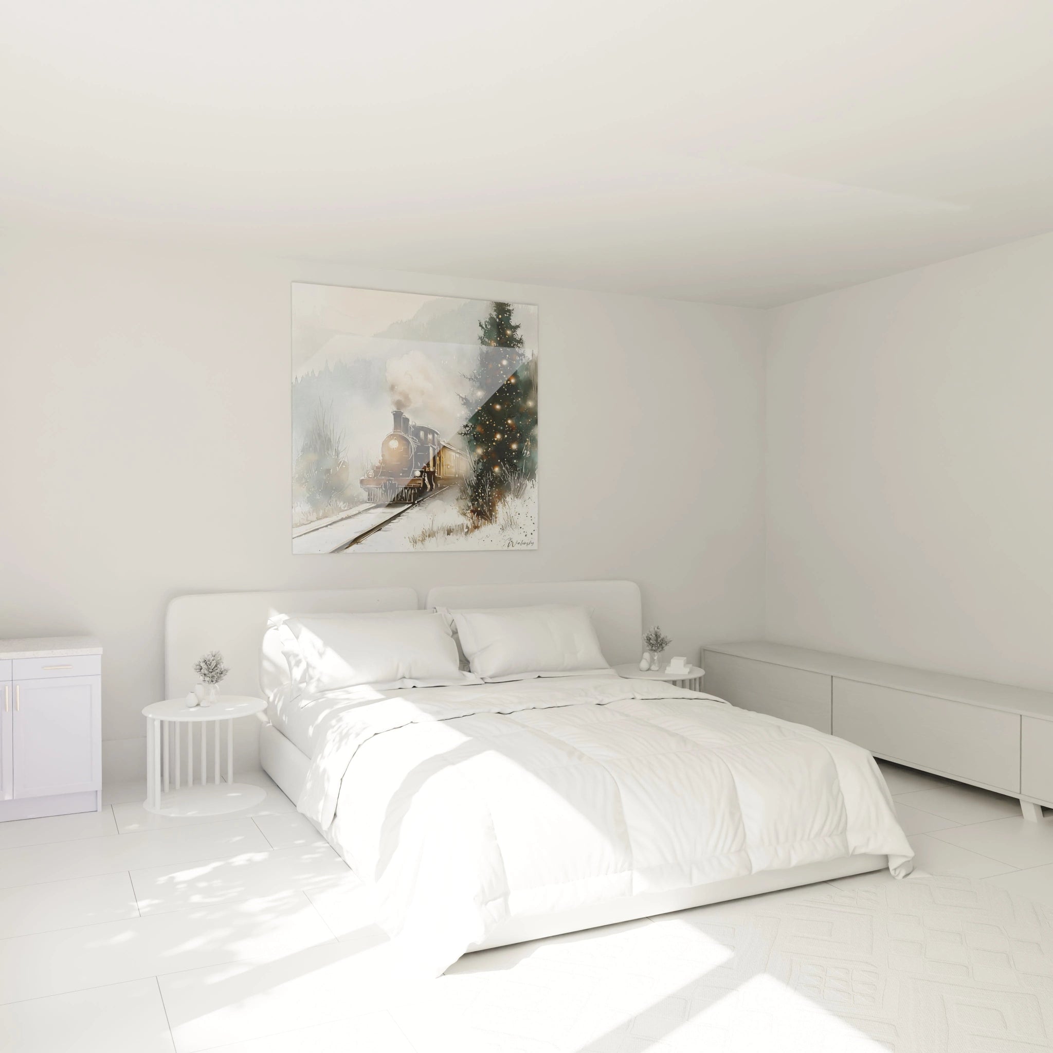 Tableau mural de Walensky représentant un train express Noël au-dessus d'un lit moderne