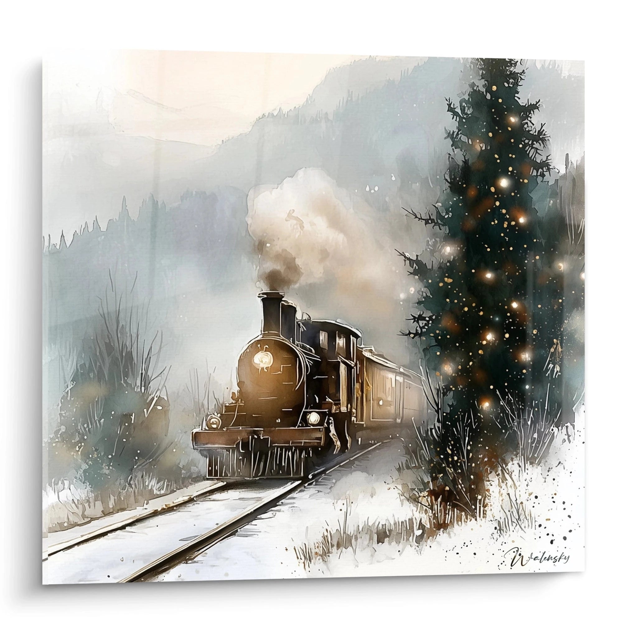 Tableau mural train express Noël avec une locomotive dans un paysage hivernal féérique