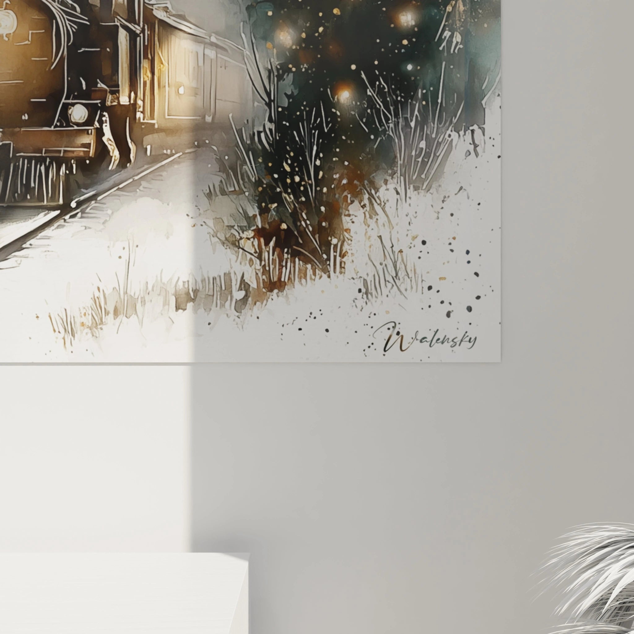 Tableau mural train express Noël avec des lumières festives et une ambiance hivernale chaleureuse