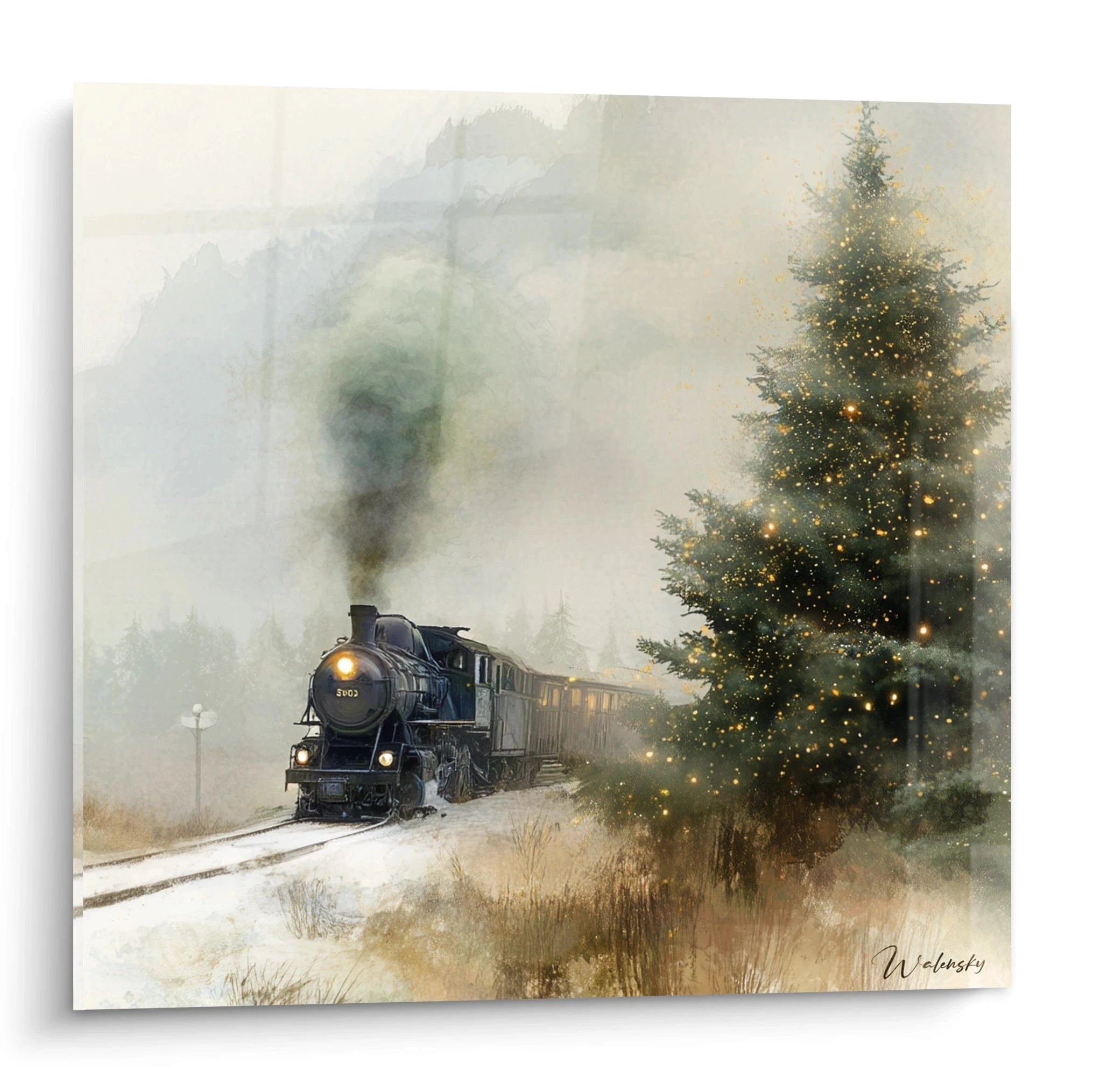 Tableau train Noël représentant un train à vapeur dans une forêt enneigée avec des lumières scintillantes