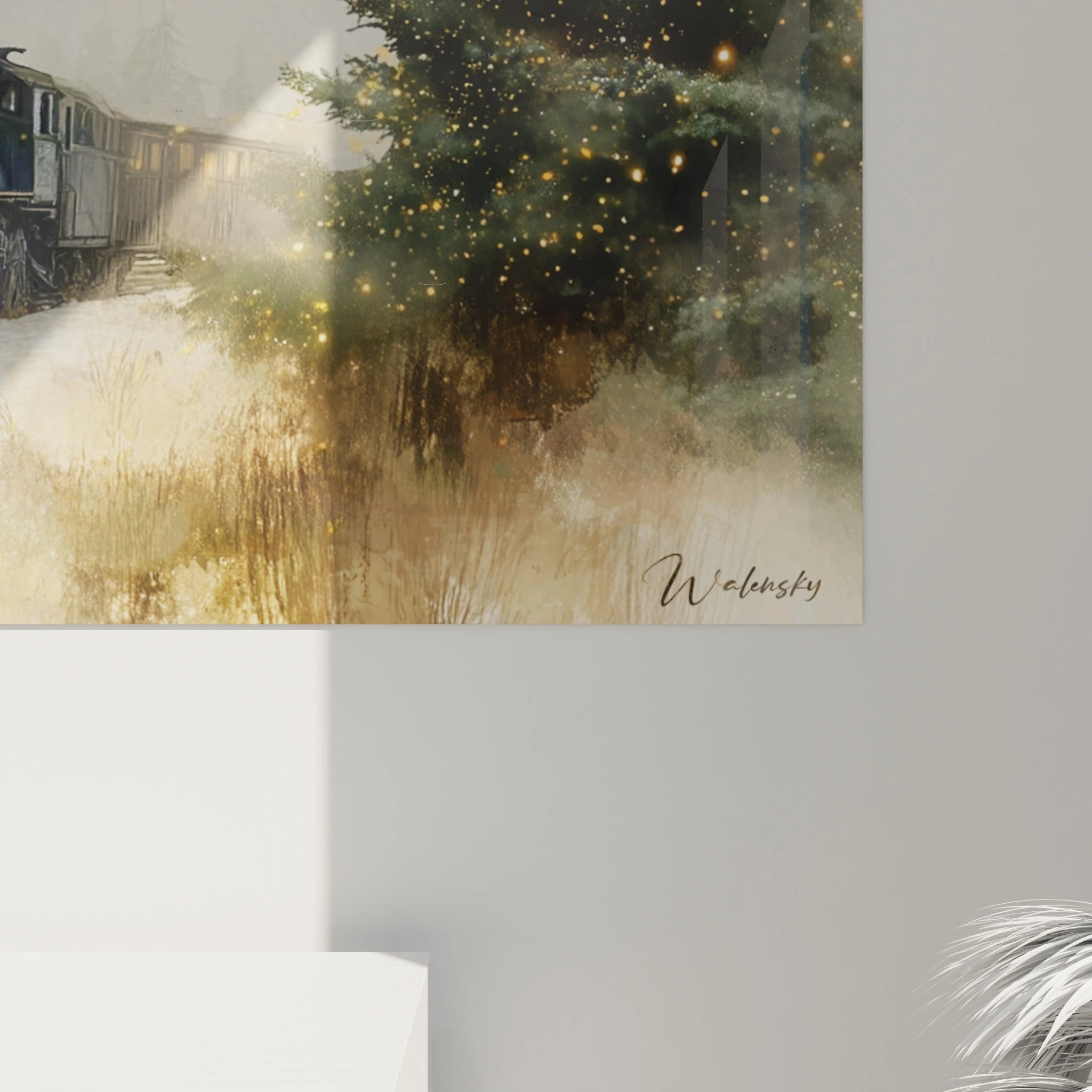 Tableau mural représentant un train de Noël passant à travers une forêt enneigée avec des lumières scintillantes