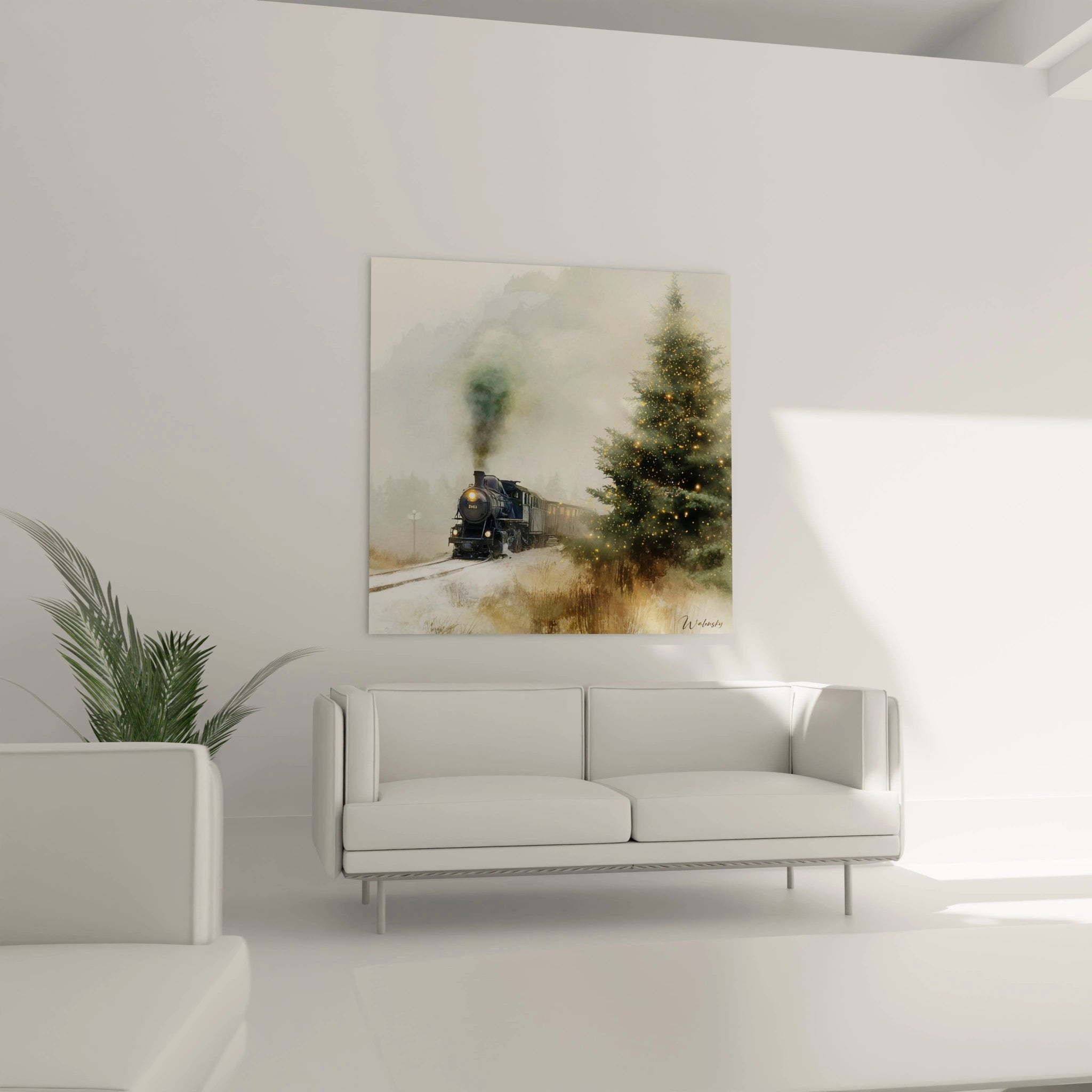 Tableau mural train Noël avec locomotive à vapeur et sapin dans un décor d'hiver doux