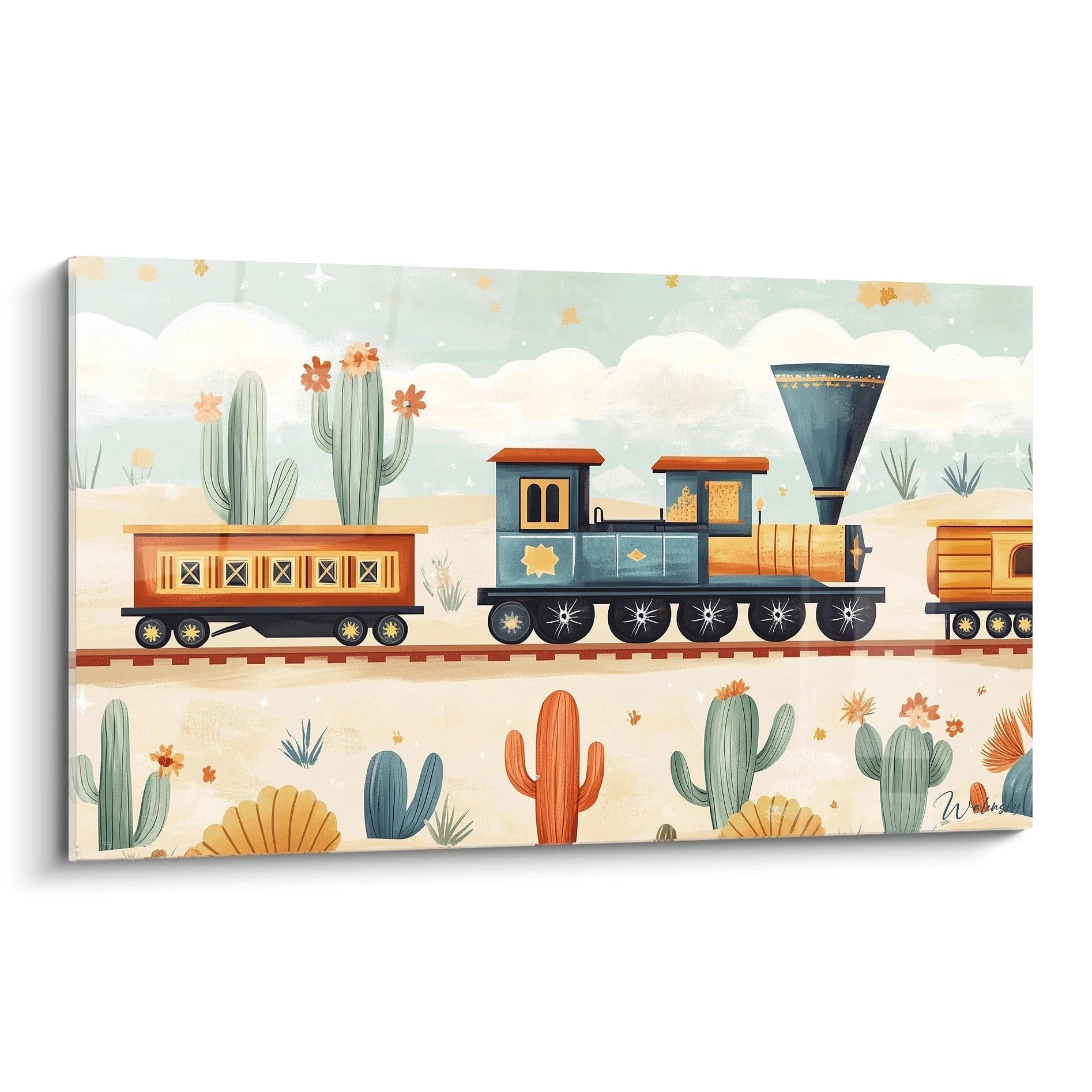 Un tableau train pour enfant illustrant une locomotive et des wagons sur un rail désertique, avec des cactus en arrière-plan. Les couleurs dominantes sont bleu, orange et beige, avec des textures lisses et détaillées.