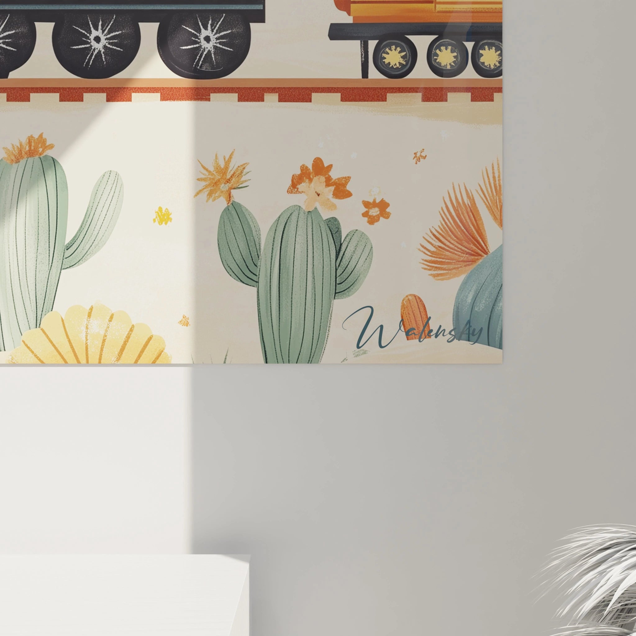 Un tableau train pour enfant illustrant un train rétro sur des rails, accompagné de cactus en fleurs sous un ciel pastel. La palette comprend des tons bleu, orange et beige, avec des textures douces et harmonieuses.