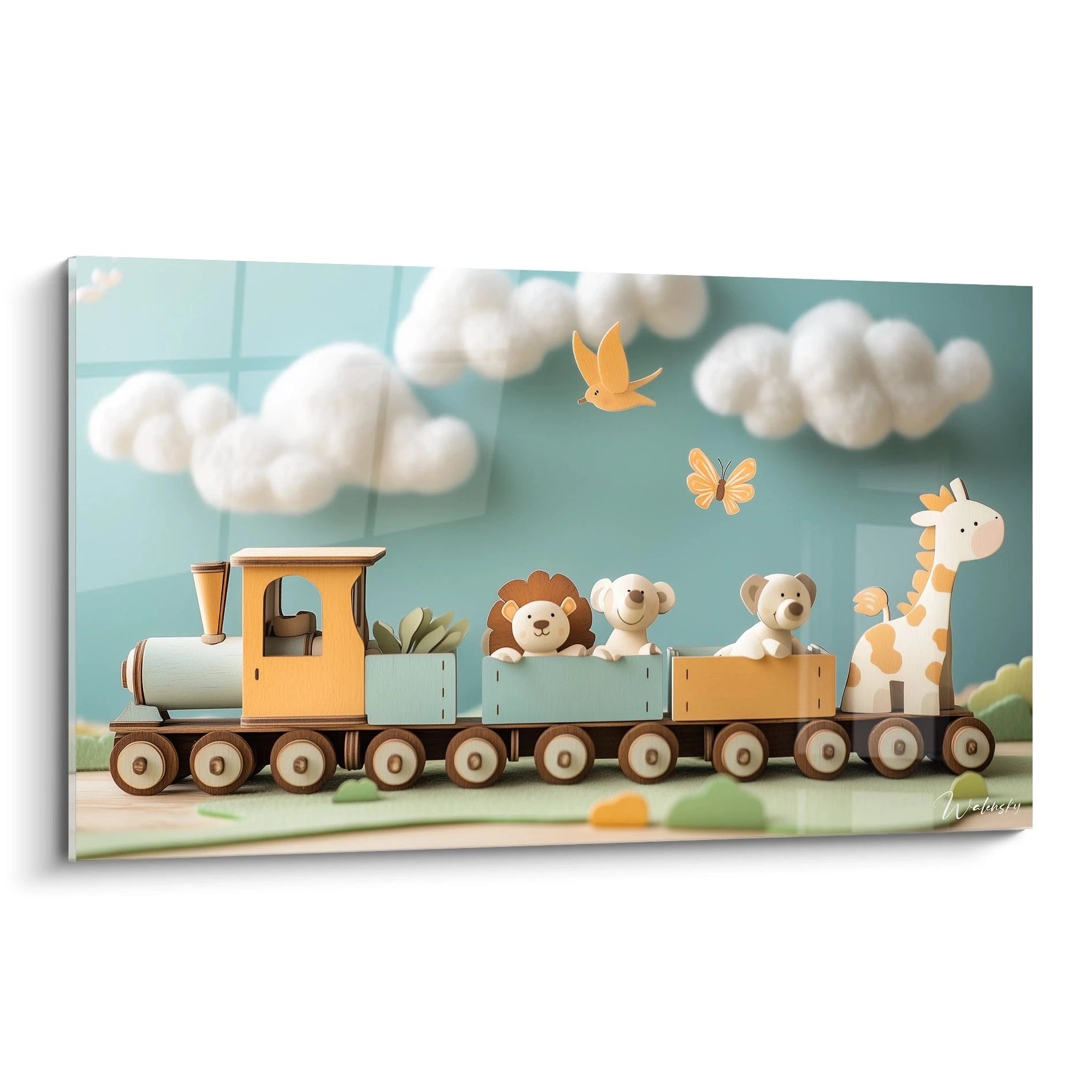 Un tableau train pour enfant représentant un train en bois avec des wagons transportant des animaux, dans un décor bleu pastel avec nuages blancs et éléments végétaux, aux tons jaune, beige et marron.