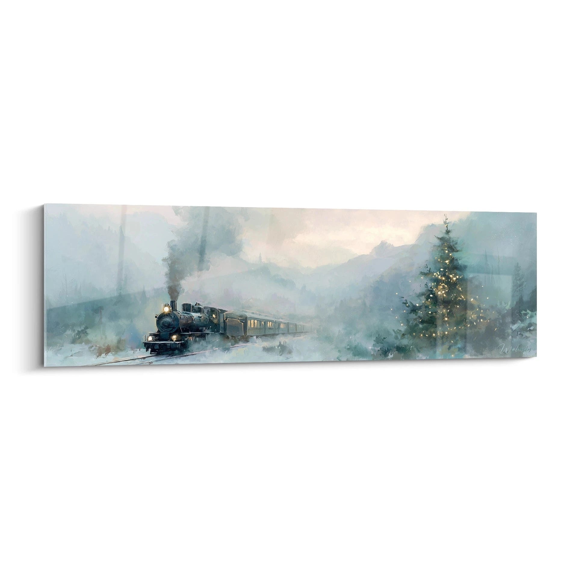 Tableau train édition Noël représentant un paysage hivernal avec un train à vapeur et un sapin illuminé
