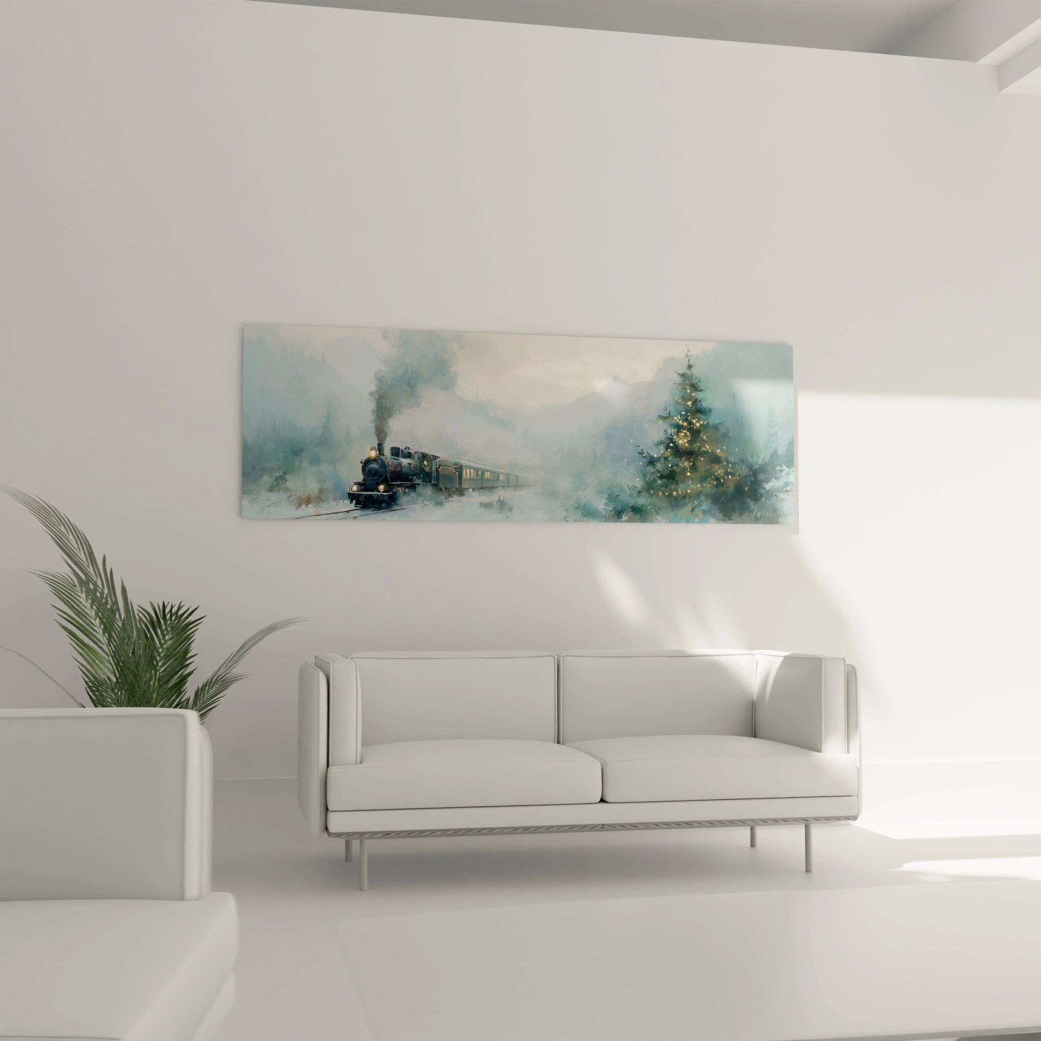 Tableau train édition Noël représentant un train à vapeur dans un paysage enneigé avec un sapin