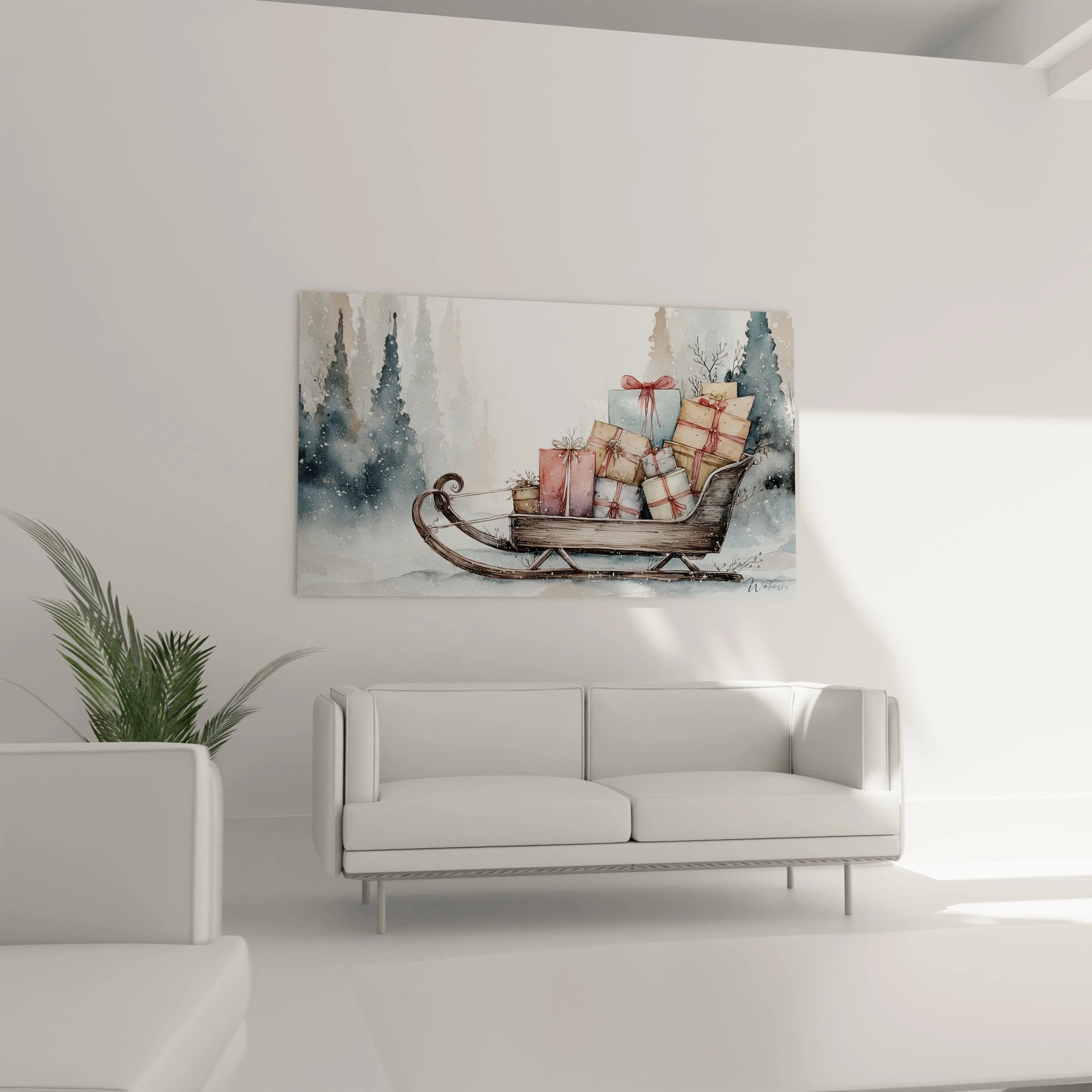 Christmas decoration painting sleigh with colorful gifts on a winter background and fir trees