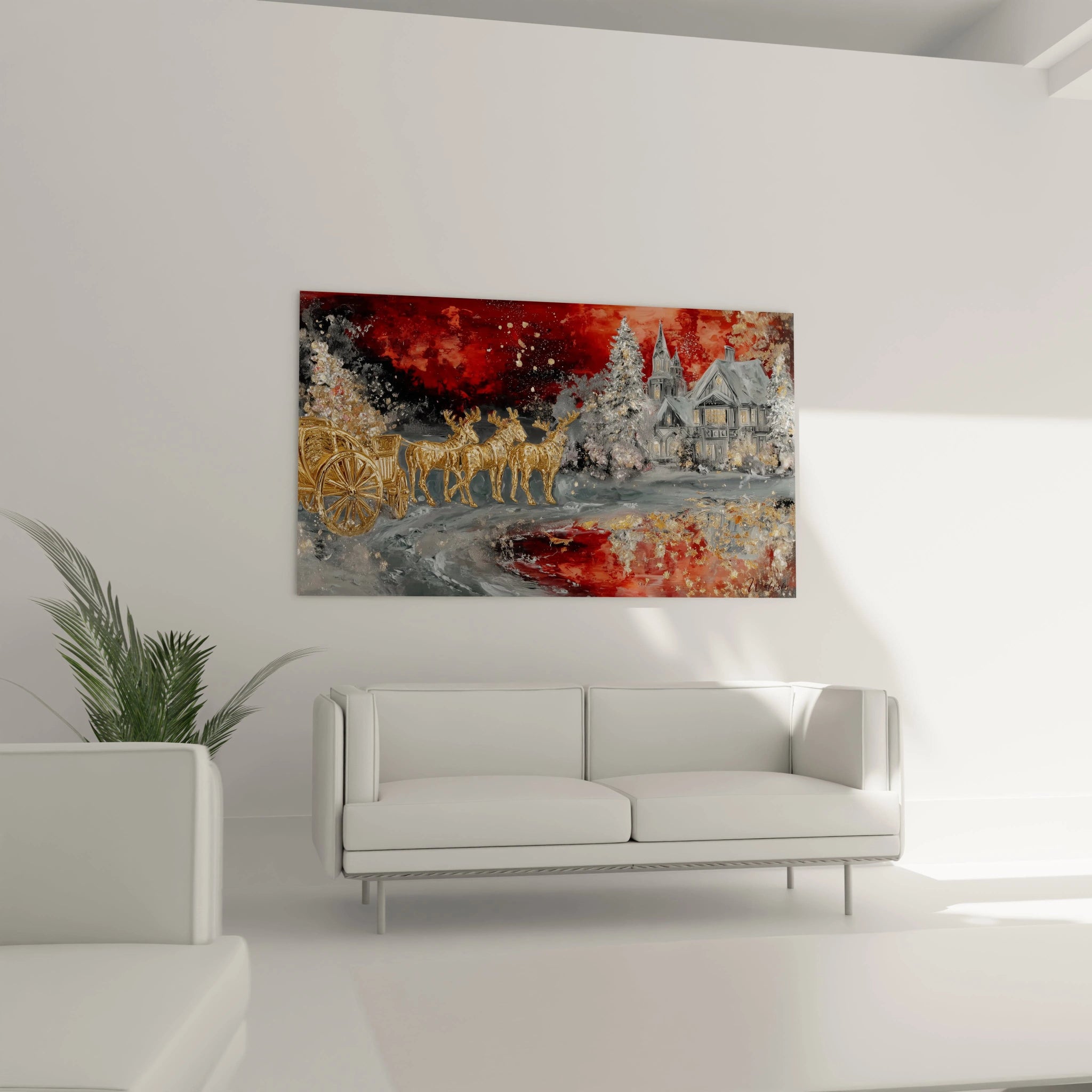 Tableau traîneau Noël velours blanc avec des paysages festifs et des chevaux dorés en arrière-plan