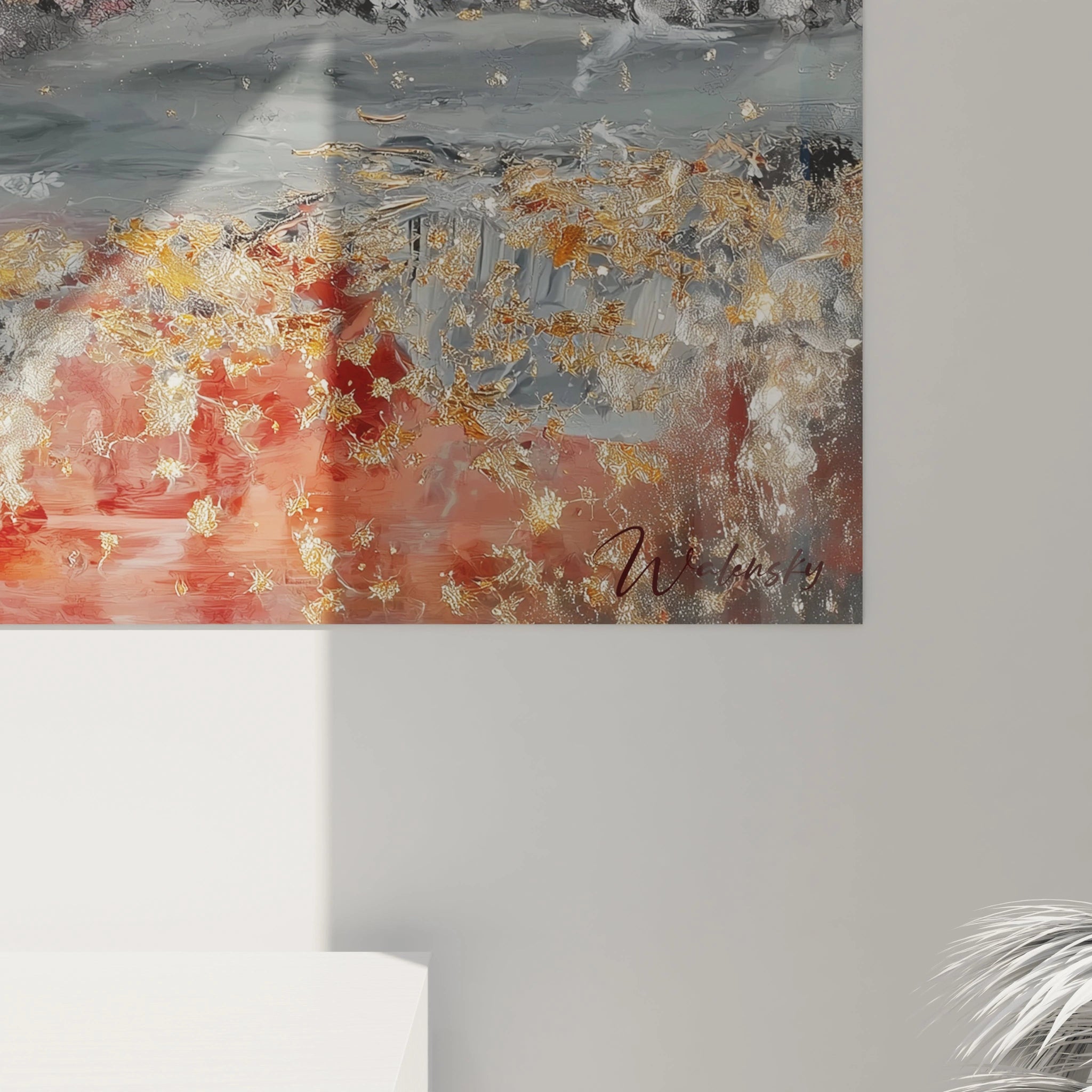 Tableau mural Walensky représentant un traîneau de Noël en velours blanc, avec des touches dorées sur fond coloré