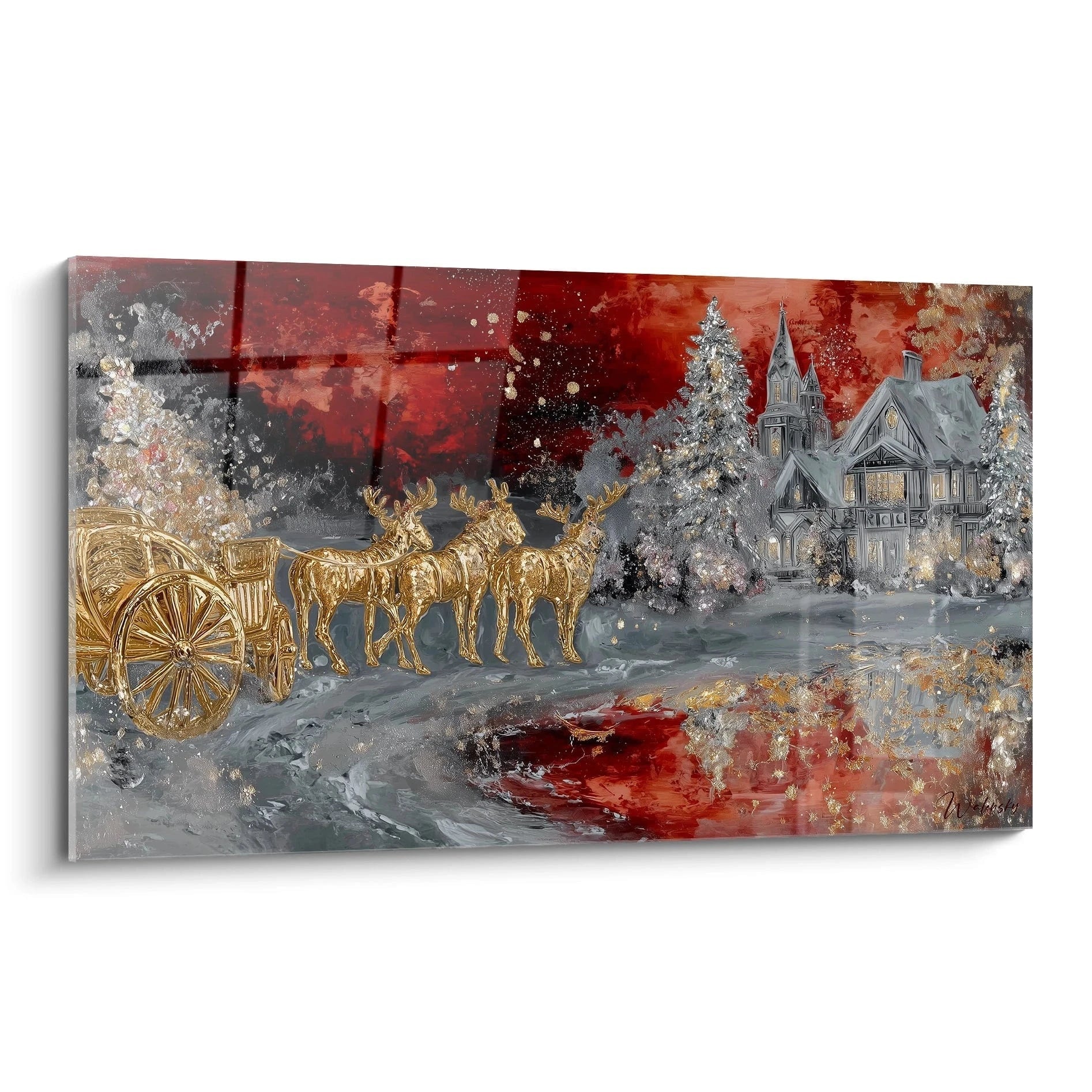 Tableau mural traîneau Noël velours blanc avec rennes et paysage d'hiver doré