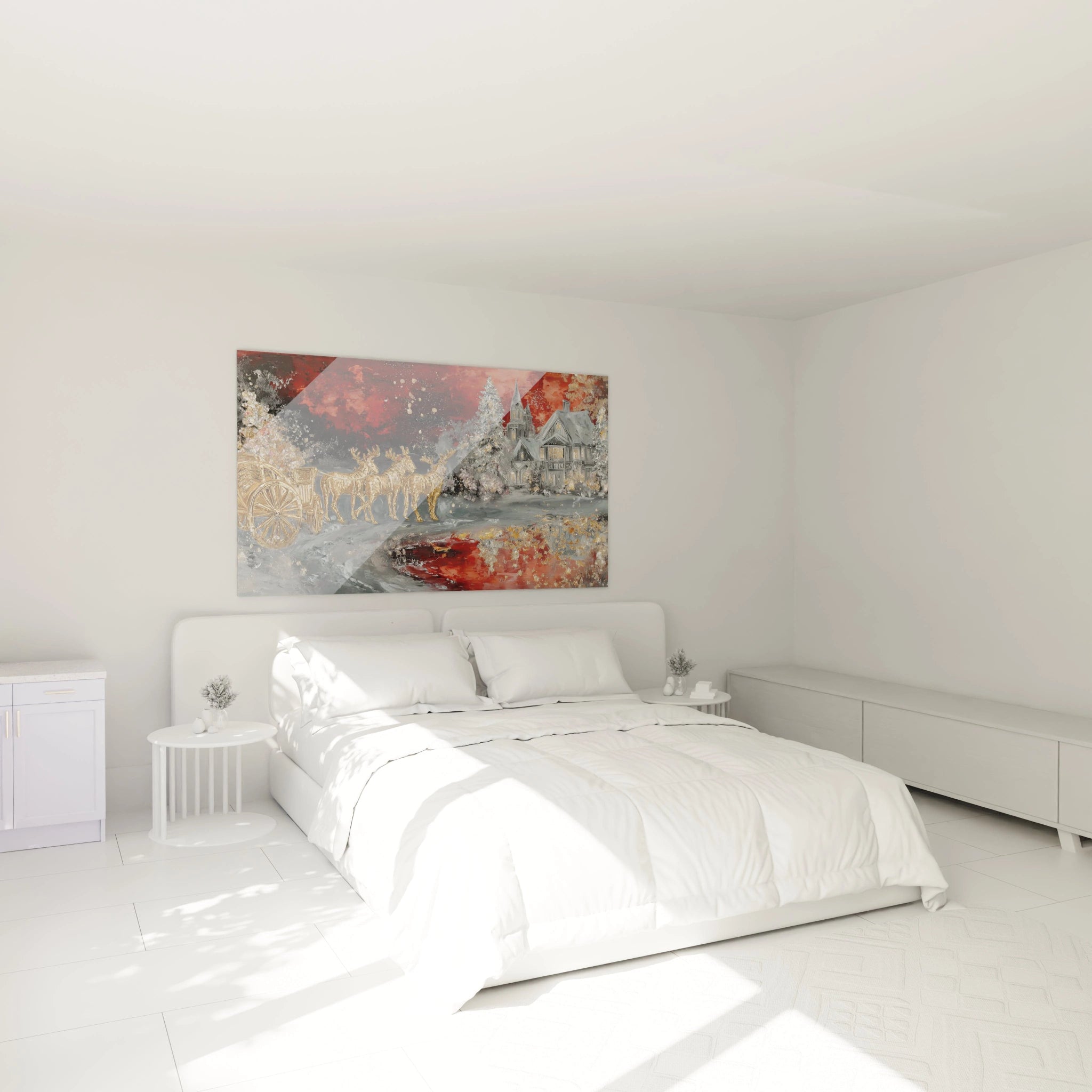 Tableau mural traîneau Noël velours blanc de Walensky pour une décoration festive élégante