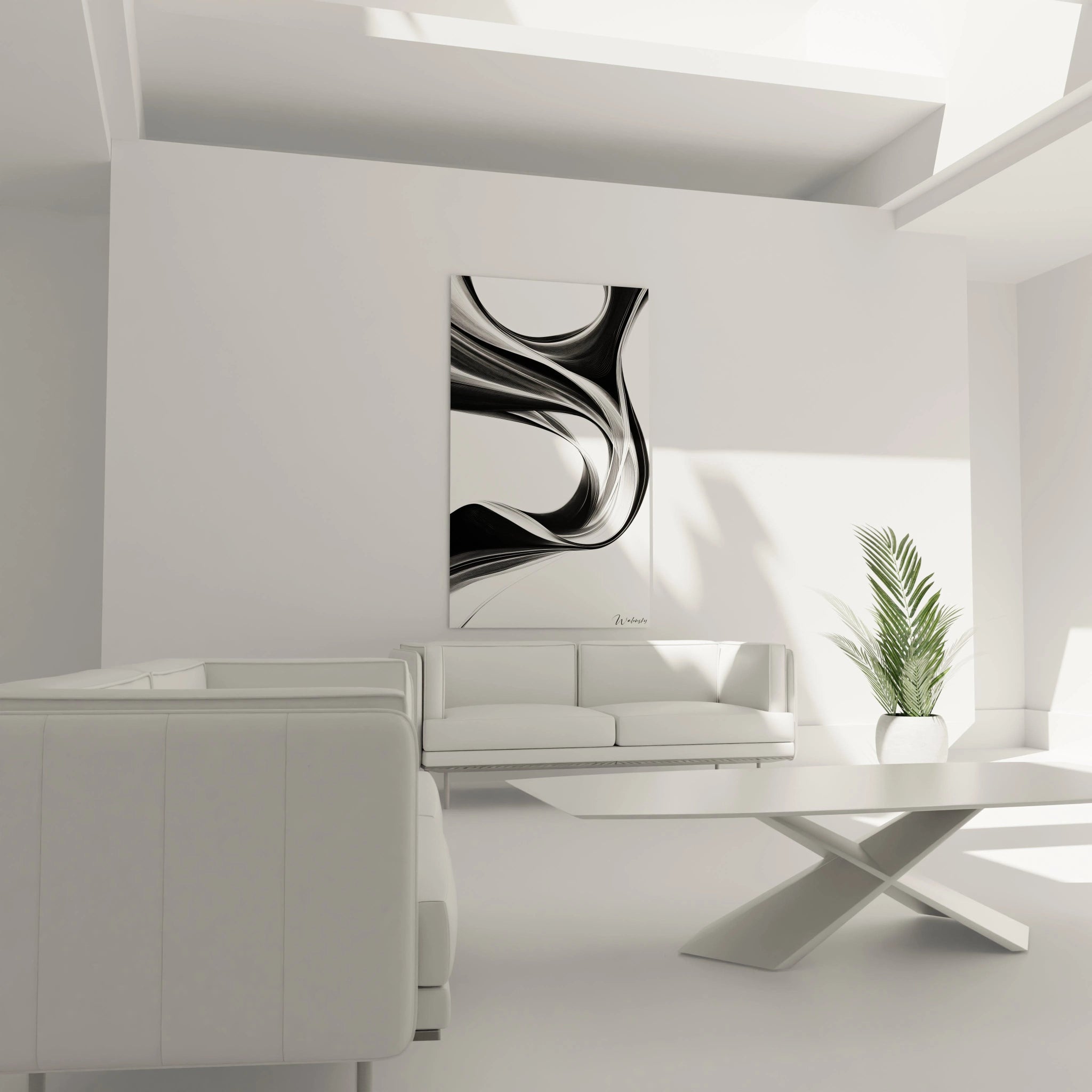 Un tableau rayures noir et blanc géométrique aux lignes organiques qui serpentent à travers la composition. Le jeu de superposition crée une illusion de profondeur et de mouvement. Texture graphique fine avec transitions douces entre les éléments noirs et les espaces blancs.