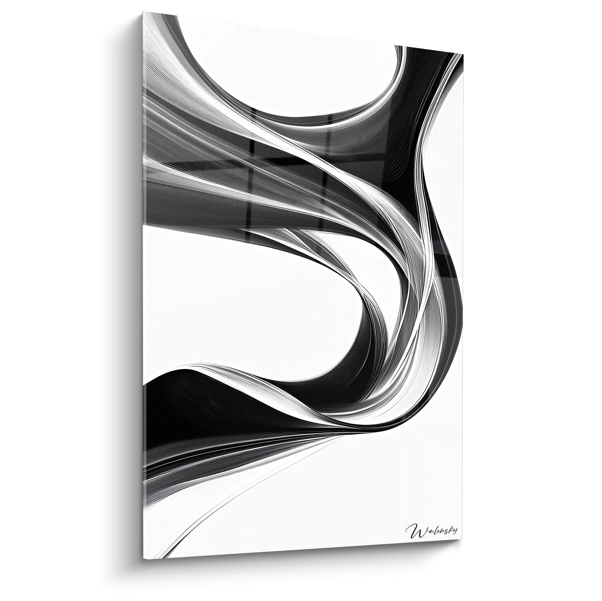 Un tableau rayures noir et blanc présentant des lignes fluides et ondulantes qui s'entrecroisent avec dynamisme. Des formes courbes créent une impression de mouvement perpétuel sur fond blanc, avec des textures graphiques fines et un contraste saisissant.