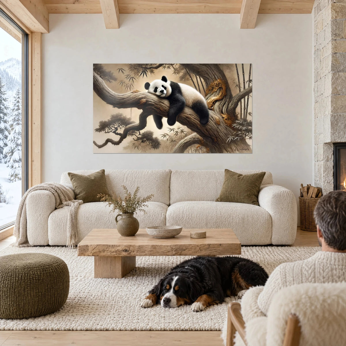 Tableau panda géant endormi sur une branche noueuse, pelage noir et blanc, fond beige, chien calme, au-dessus d'un canapé dans un salon lumineux