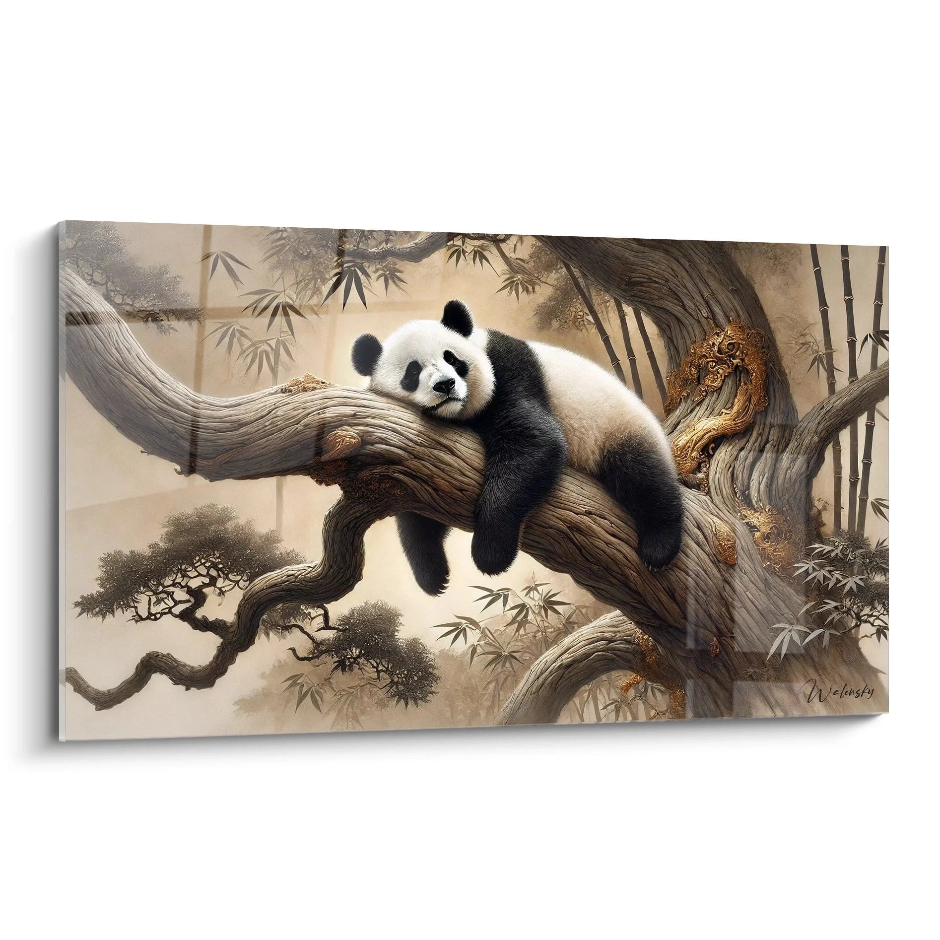 Admirez ce tableau panda geant avec ses details dorés et sa texture realiste. Vue de biais, il illustre un panda lové sur une branche, ajoutant serenite et calme a votre interieur.