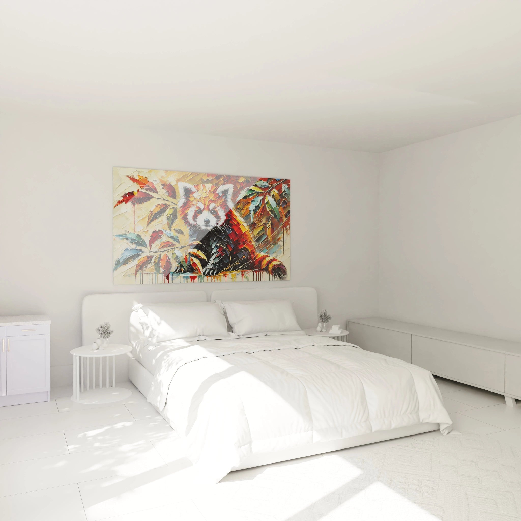 tableau panda roux accroche au mur au dessus du lit. Ideal pour une chambre, il apporte une touche chaleureuse et vivante, creant un point focal apaisant et coloré pour un decor unique