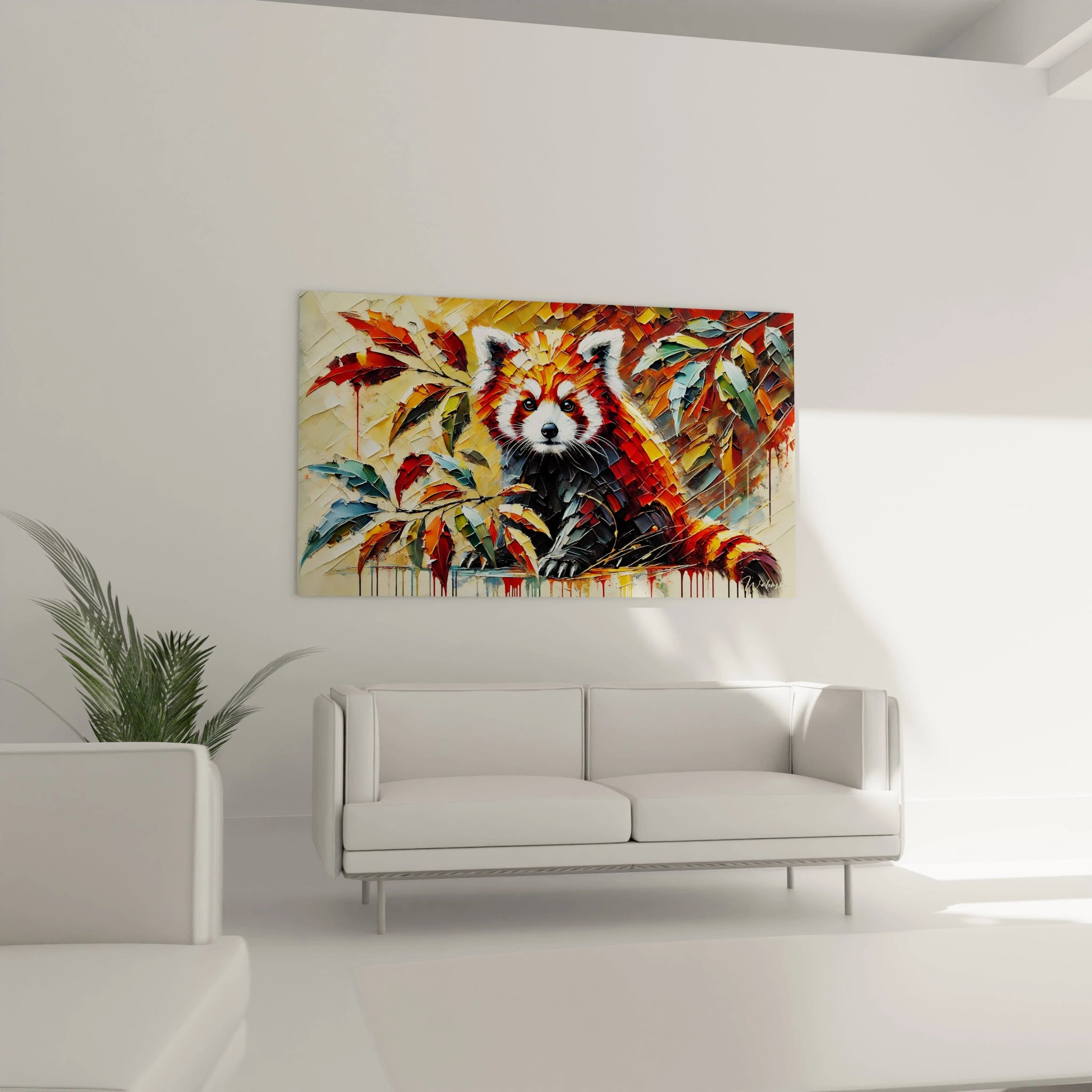 tableau panda roux dans un salon, accroche au-dessus du canapé. Une touche de nature, de couleur et d originalité pour une decoration unique et moderne, suscitant l admiration de vos invites