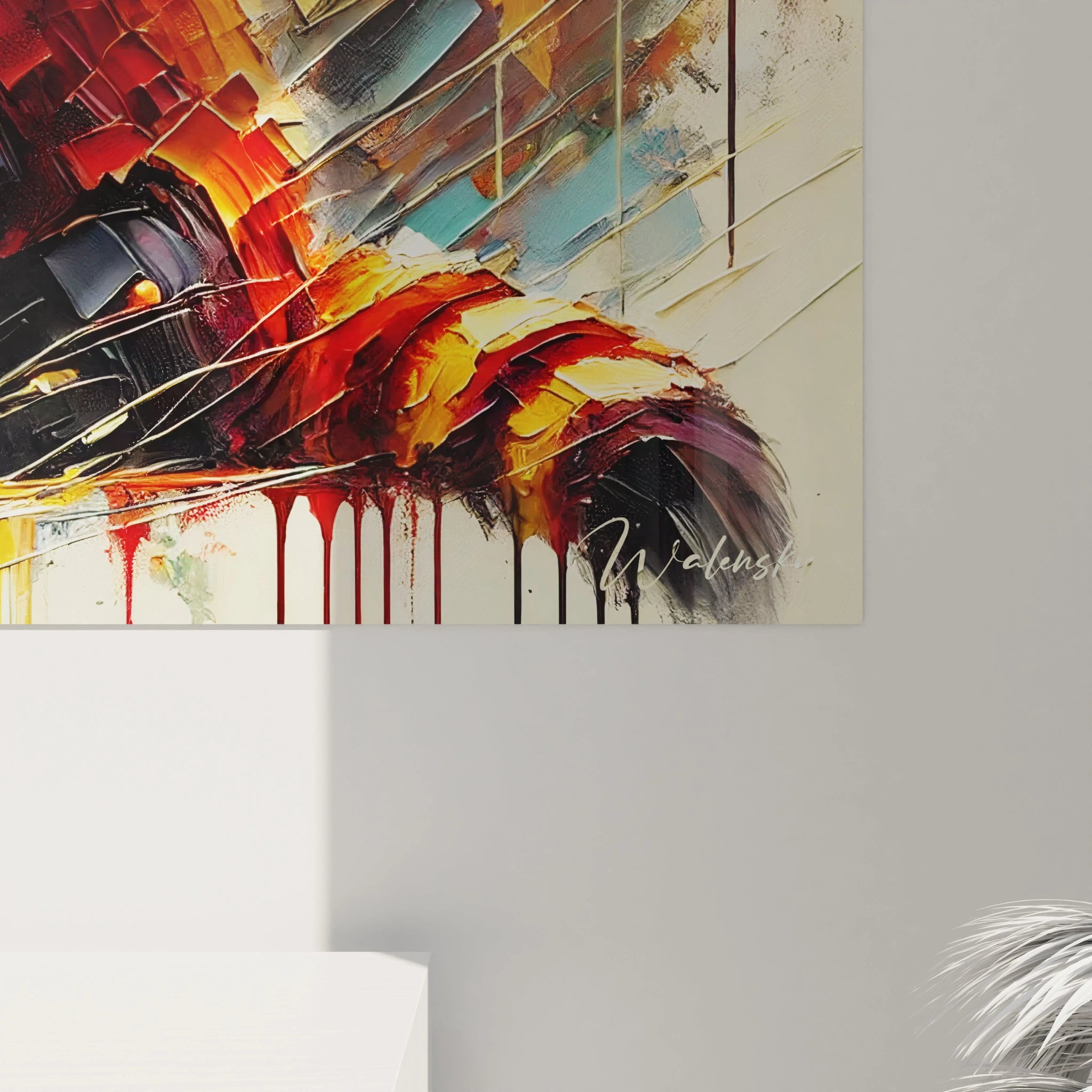 vue de pres du tableau panda roux, details texturés et couleurs vives qui apportent une profondeur et une vitalité a l oeuvre. Un choix parfait pour les amateurs d art vivant et expressif