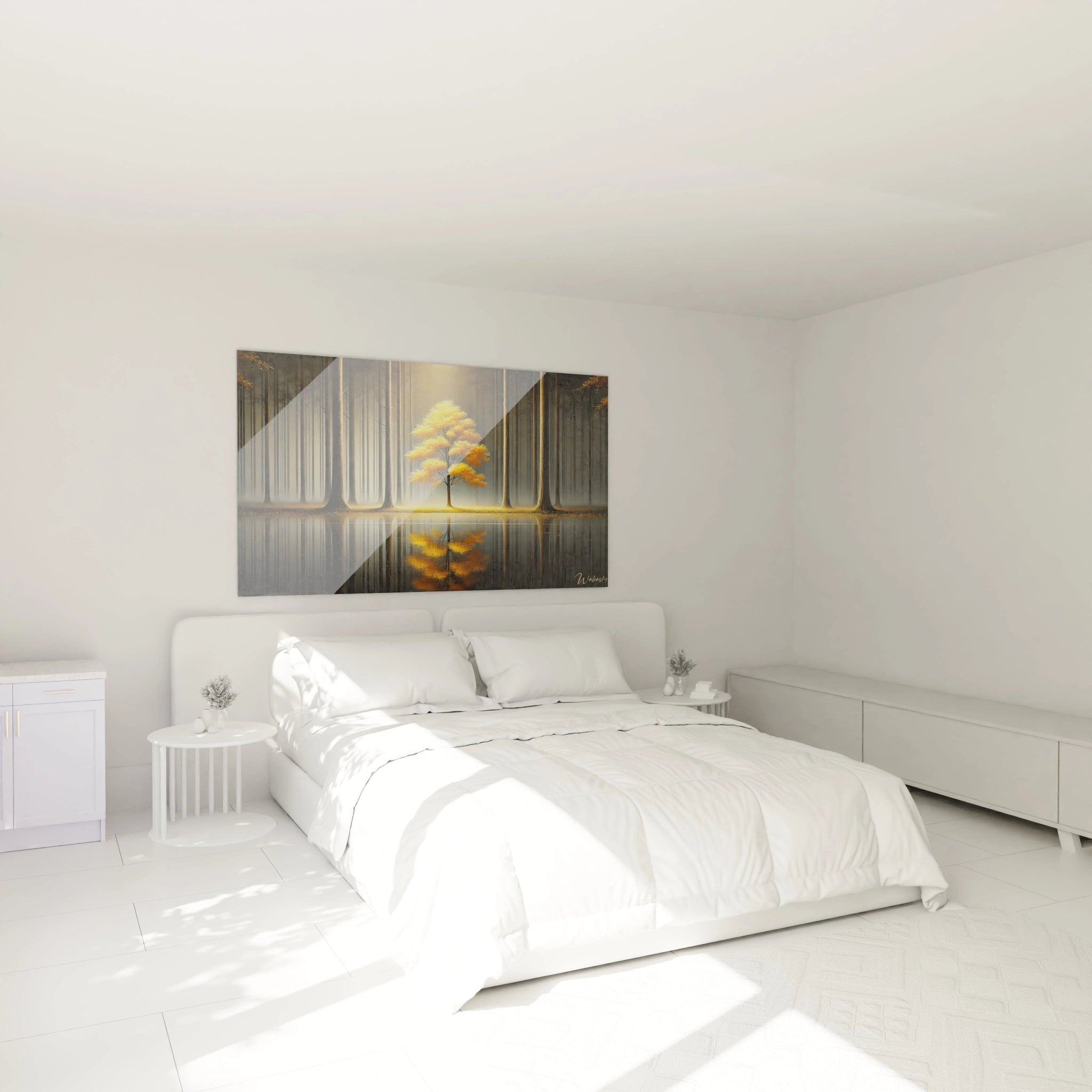 Ce tableau Arbre au dessus du lit ajoute une touche de calme a la chambre. L'arbre central illumine le decor d'une lumiere doree, offrant un sentiment de quietude et d'introspection.