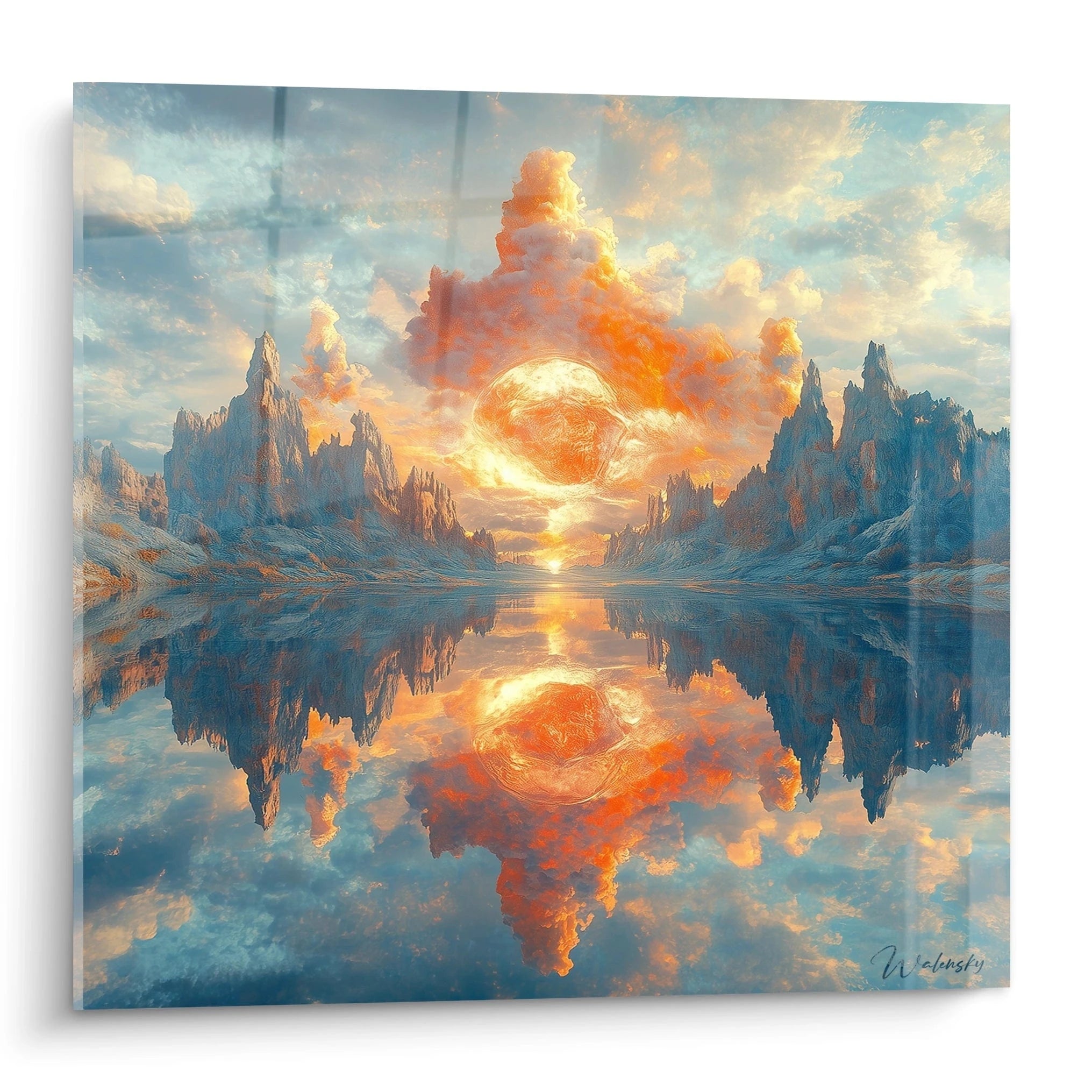 Tableau moderne abstrait de paysages avec un soleil éclatant et des montagnes reflétées sur l'eau