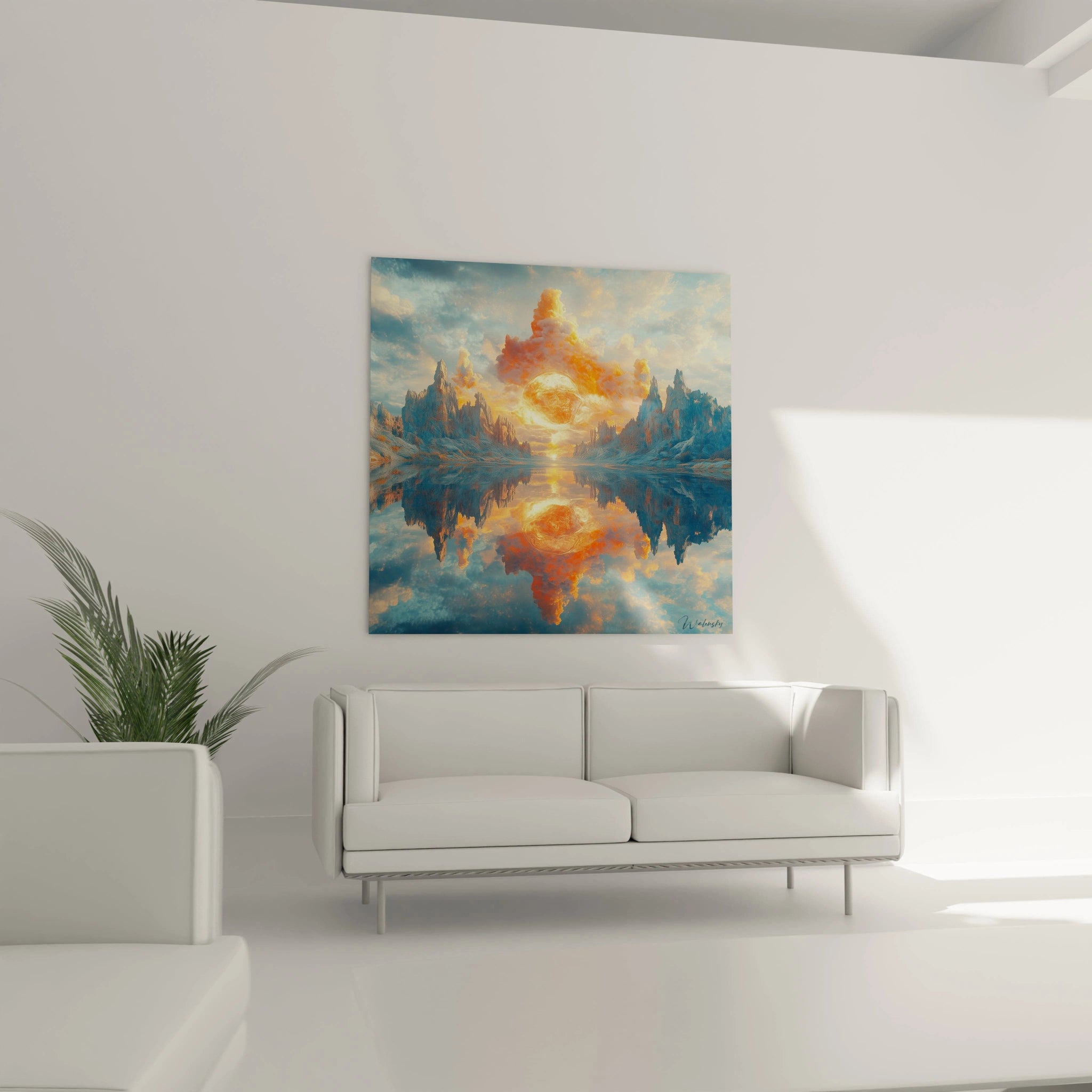 Tableau moderne abstrait de Walensky représentant un paysage coloré avec des reflets dans l'eau