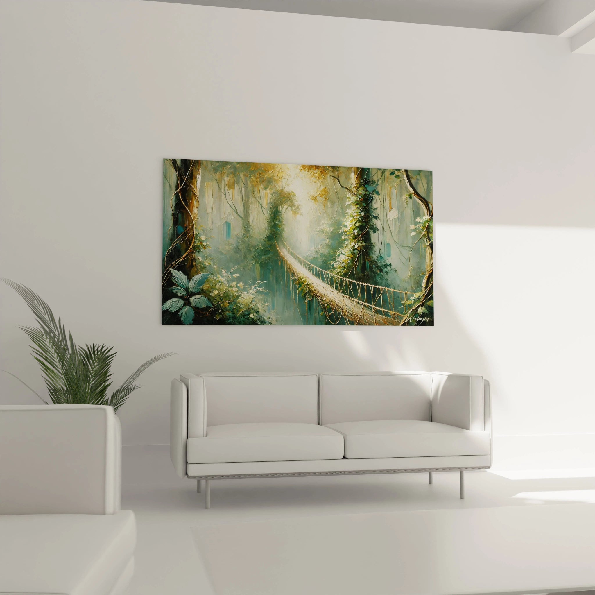 Sublimez votre salon avec ce tableau jungle au-dessus du canapé, invitant à l'exploration d'un monde enchanteur, où l'harmonie entre nature et lumière règne en maître.