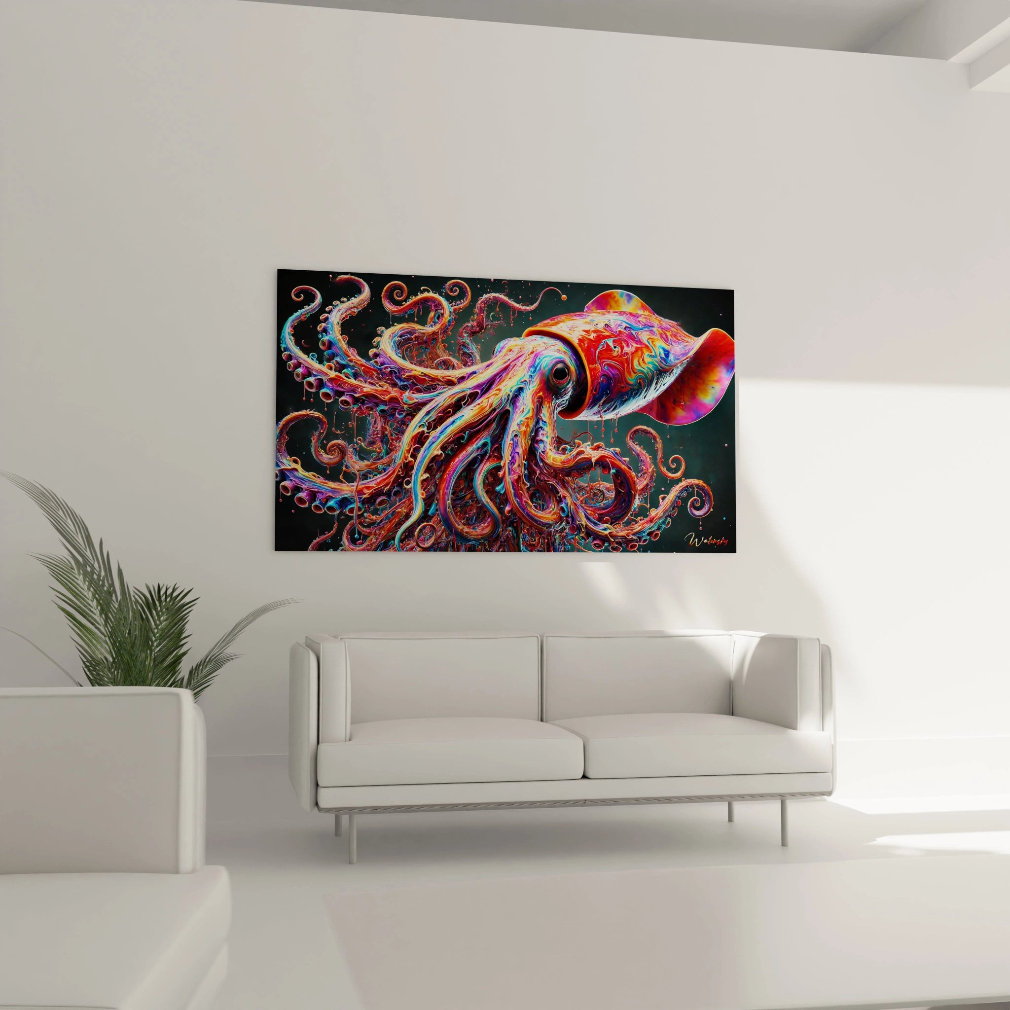 Dans le salon, ce tableau calamar geant s'impose au-dessus du canapé. Ses teintes éclatantes et son design surréaliste créent une ambiance dynamique et moderne, parfaite pour toute décoration intérieure.