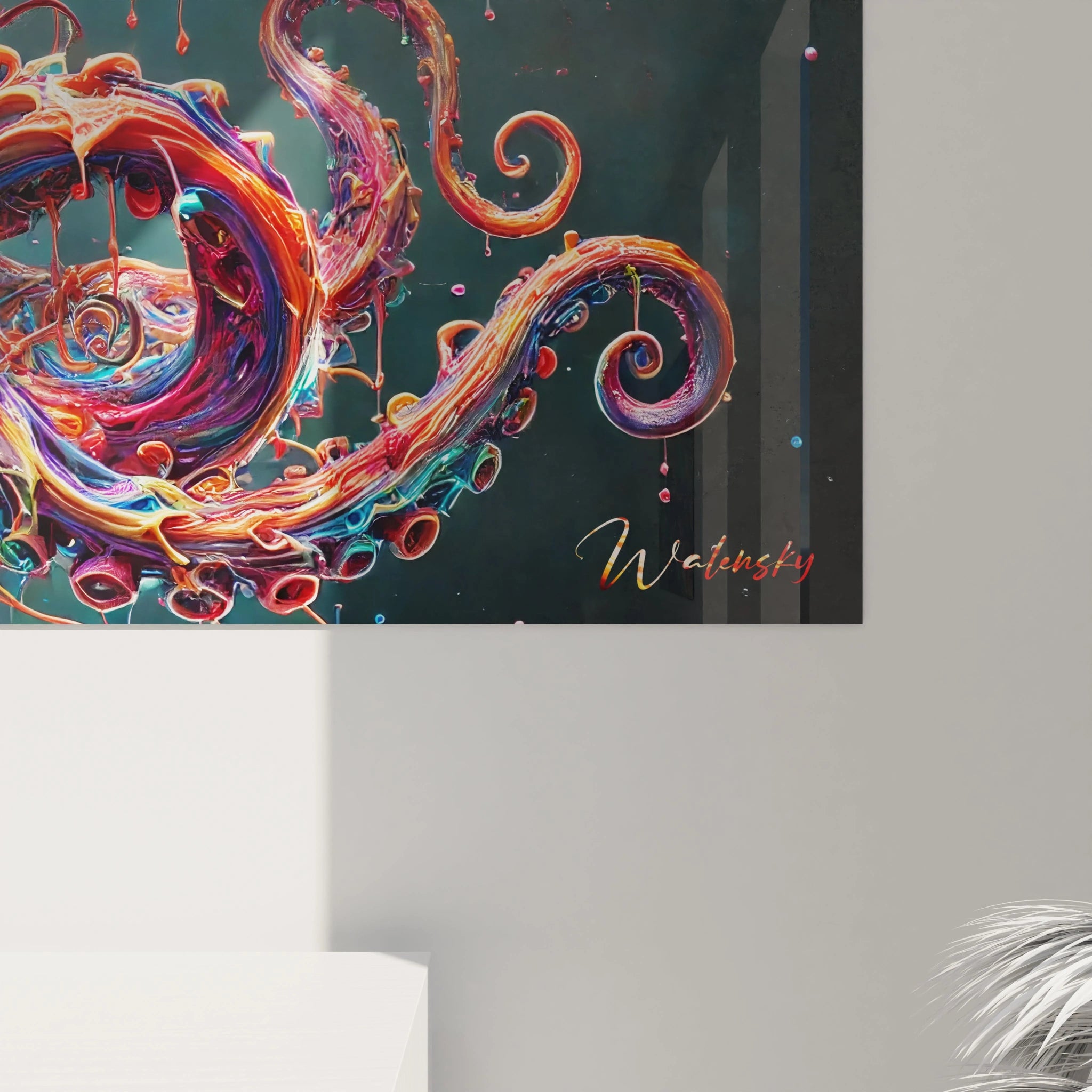 Une vue de près du tableau calamar geant révèle des détails fascinants. Les couleurs se mélangent en harmonie, apportant texture et profondeur à cette œuvre surréaliste captivante.