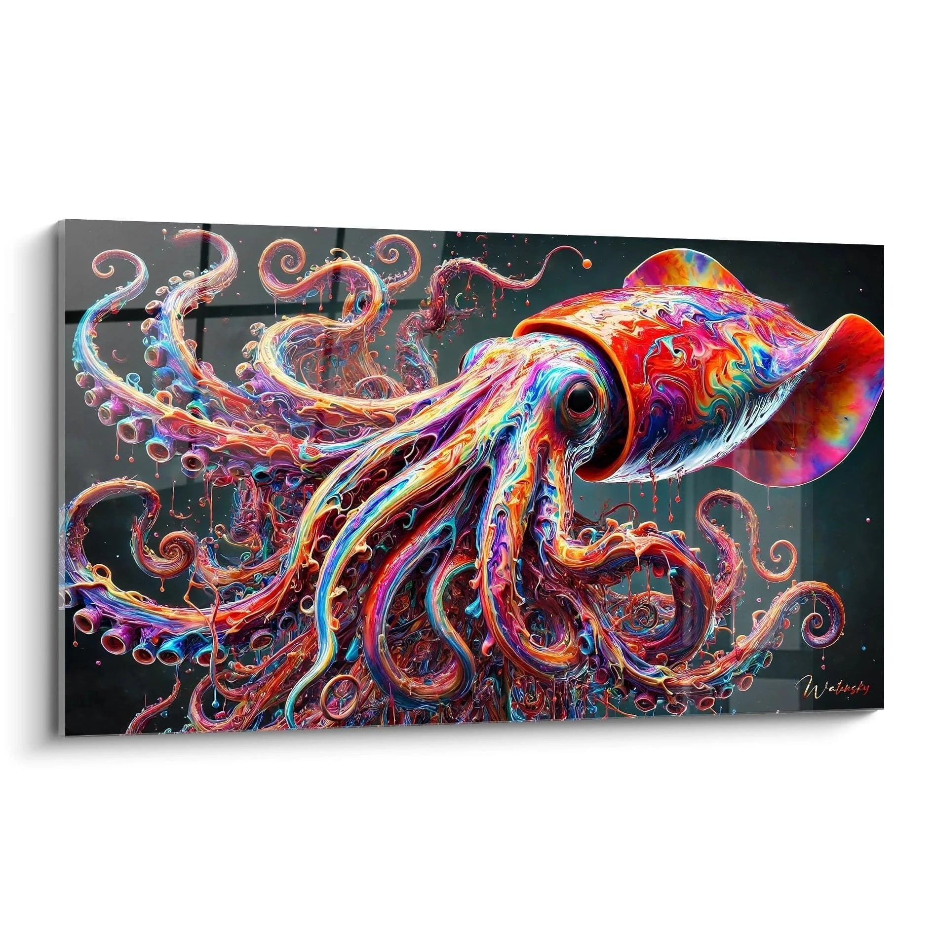 Ce tableau calamar geant, vu de biais, révèle une explosion de couleurs audacieuses. Ses tentacules tourbillonnants ajoutent du mouvement, captivant le regard dans chaque détail vibrant.