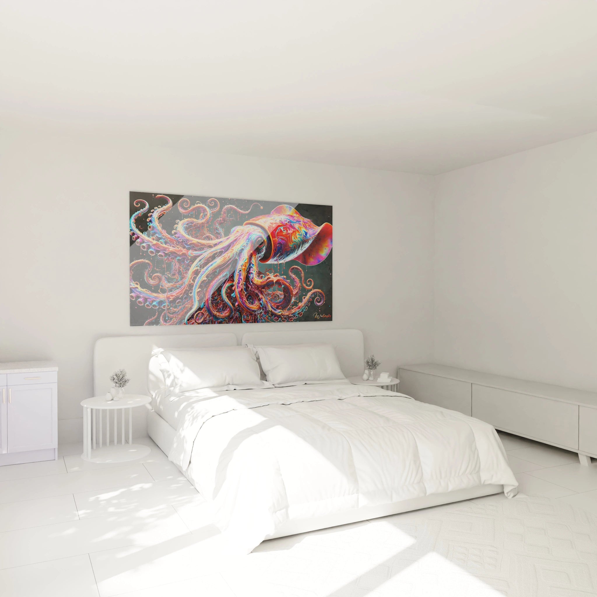 Accroché au-dessus du lit, ce tableau calamar geant apporte une touche artistique à votre chambre. Son style abstrait et ses couleurs vives transforment l'espace en un havre créatif.