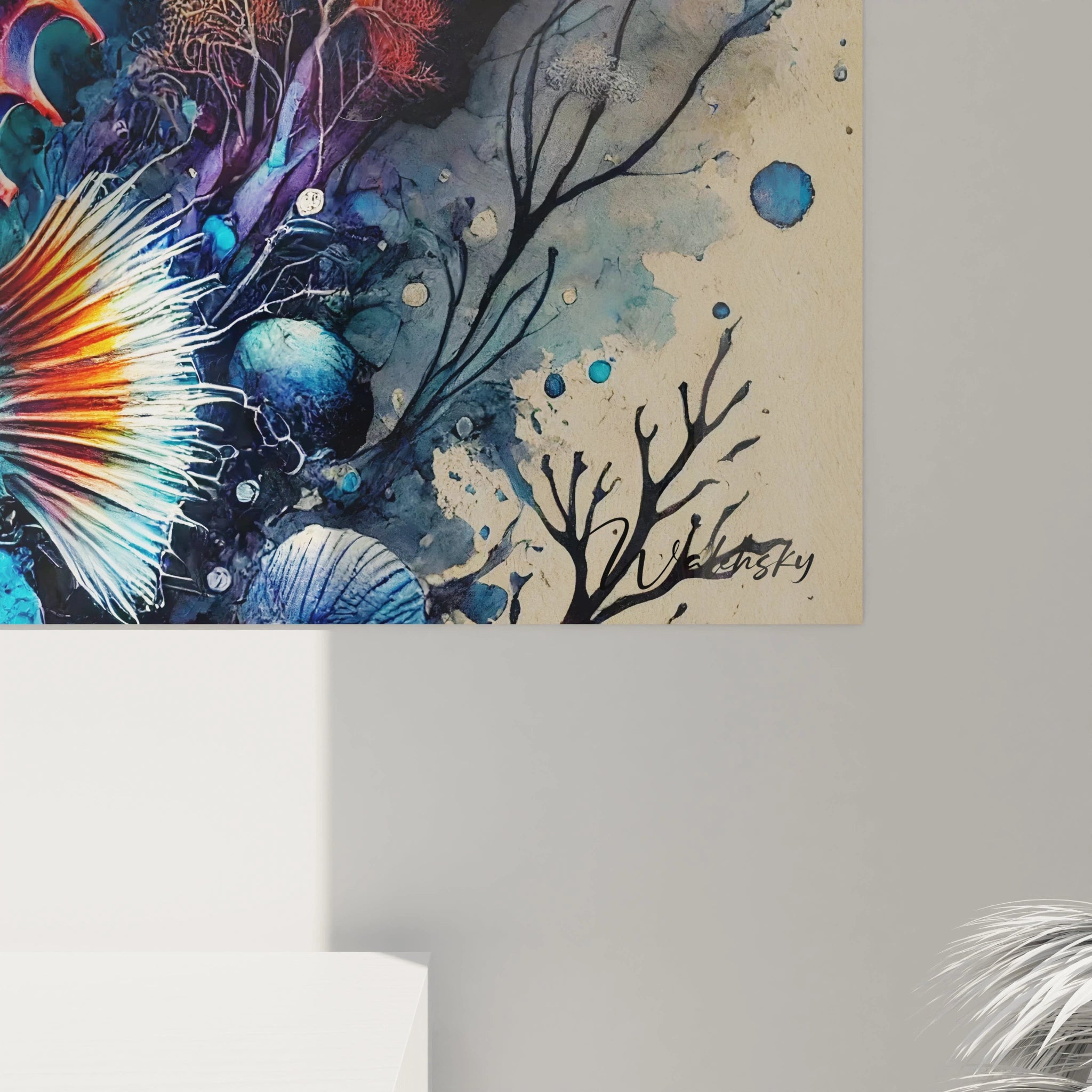 Gros plan sur le tableau hippocampe, mettant en valeur ses détails minutieux et ses couleurs vives. Une œuvre captivante qui célèbre la beauté des fonds marins.