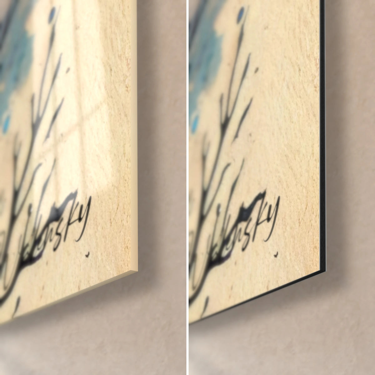 Quadro cavalluccio marino ad acquerello, angolo in basso a destra: bordo da 3 mm, vetro lucido a sinistra, Dibond nero opaco a destra