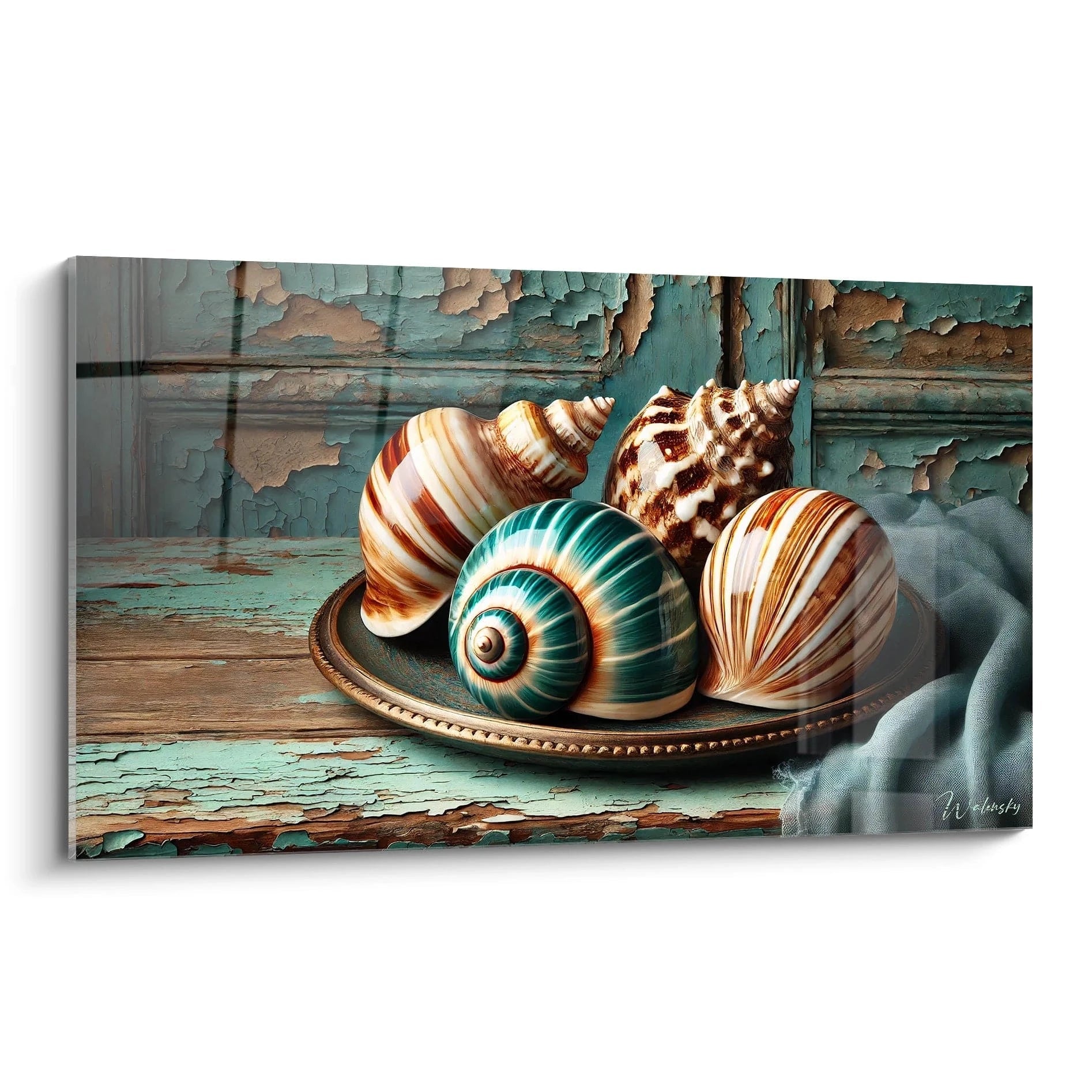 Presentation du tableau vue de biais : Tableau Coquillage inspire de la nature marine. Ses nuances terreuses et aquatiques rappellent l ocean et le bois vieilli. Un hommage a la serenite des textures.