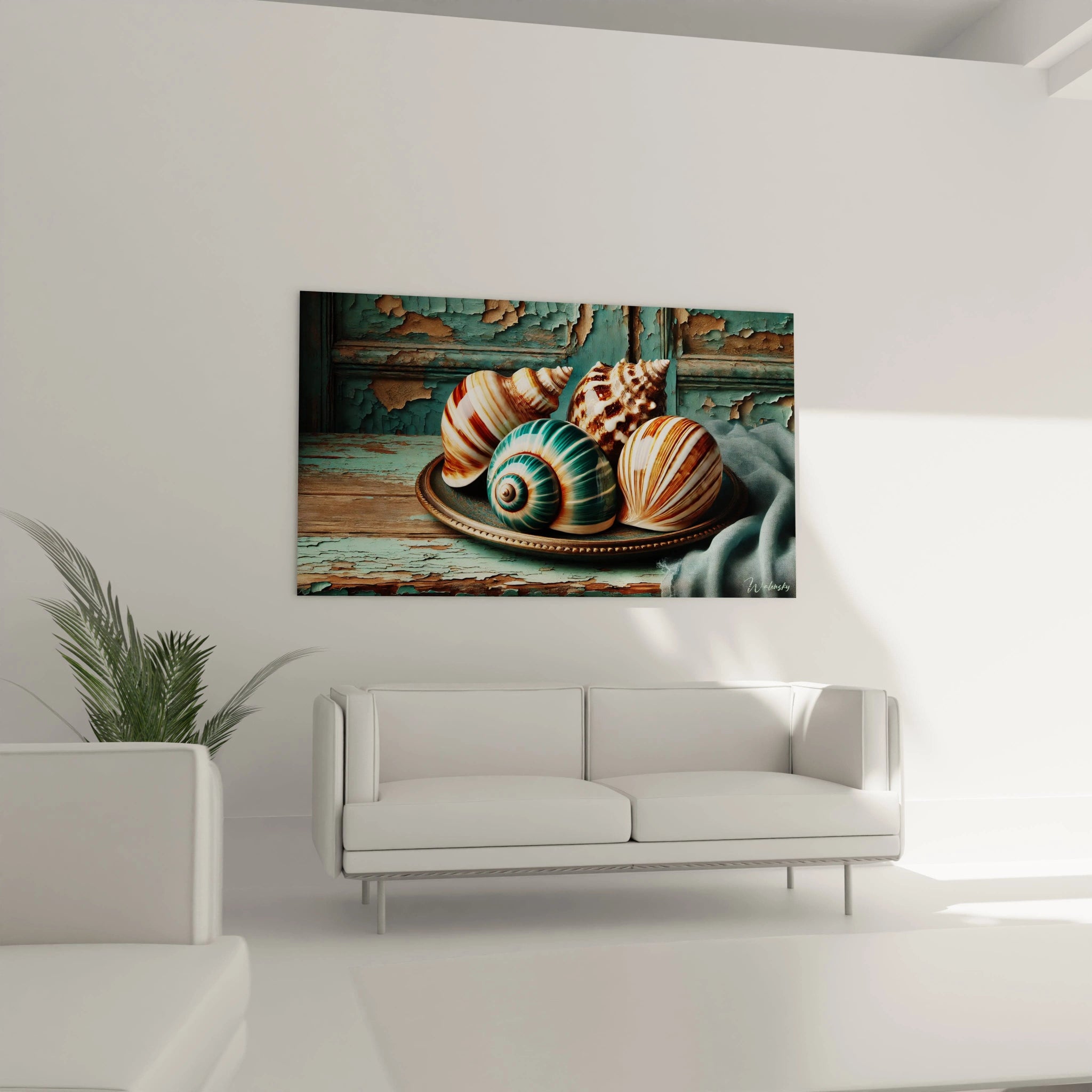 Dans un salon au dessus d un canape : Tableau Coquillage dans le salon pour une atmosphere apaisante. Les couleurs rappellent la mer et le temps, un detail captivant au-dessus de votre canape.