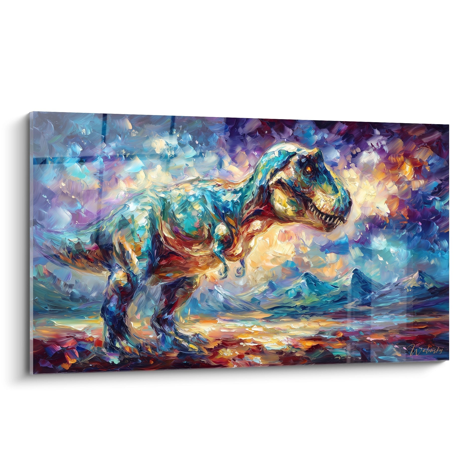 Tableau mural T-Rex coloré style impressionniste, dinosaure Tyrannosaurus en mouvement, art moderne