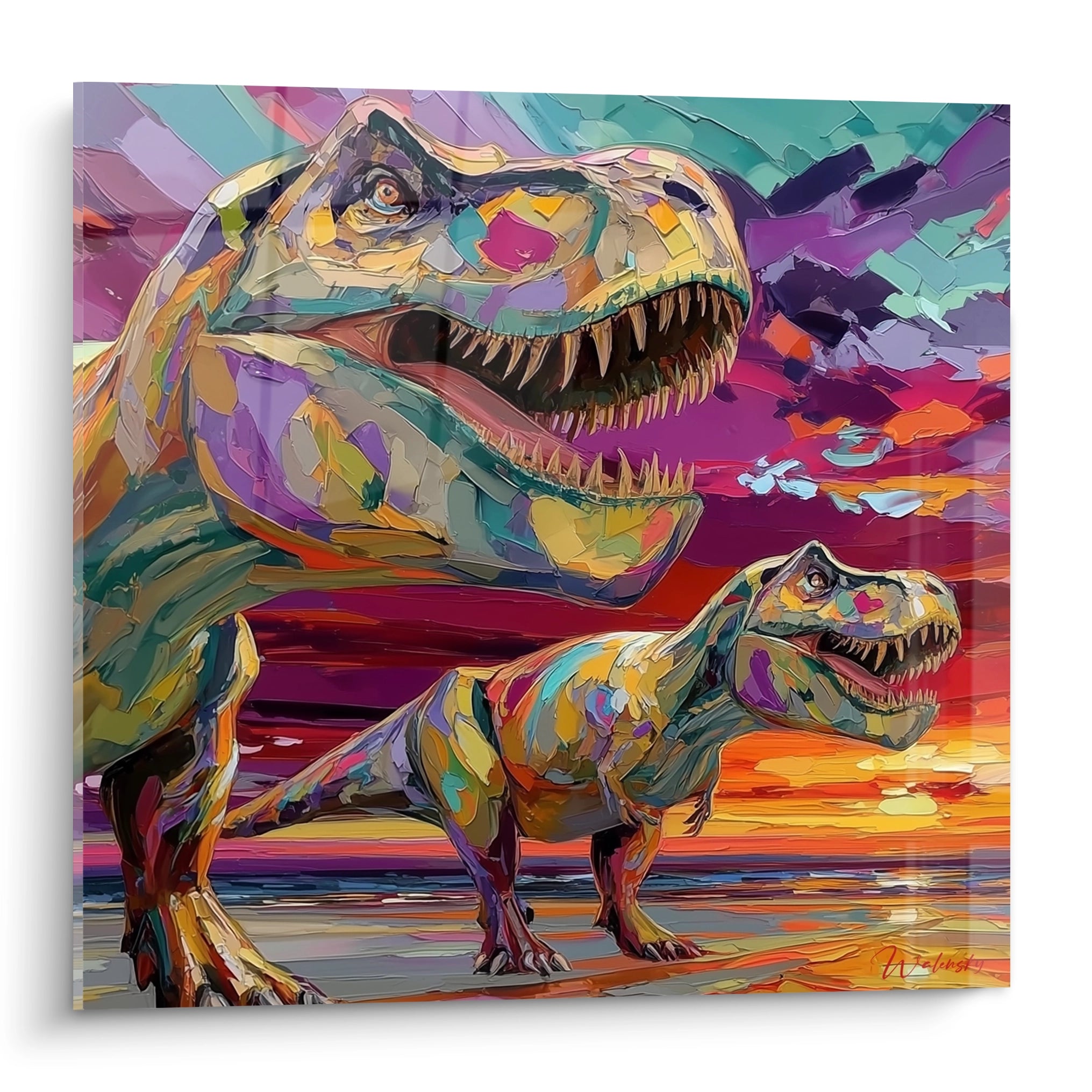 Tableau mural T-Rex coloré style pop art moderne avec dinosaures aux couleurs vives