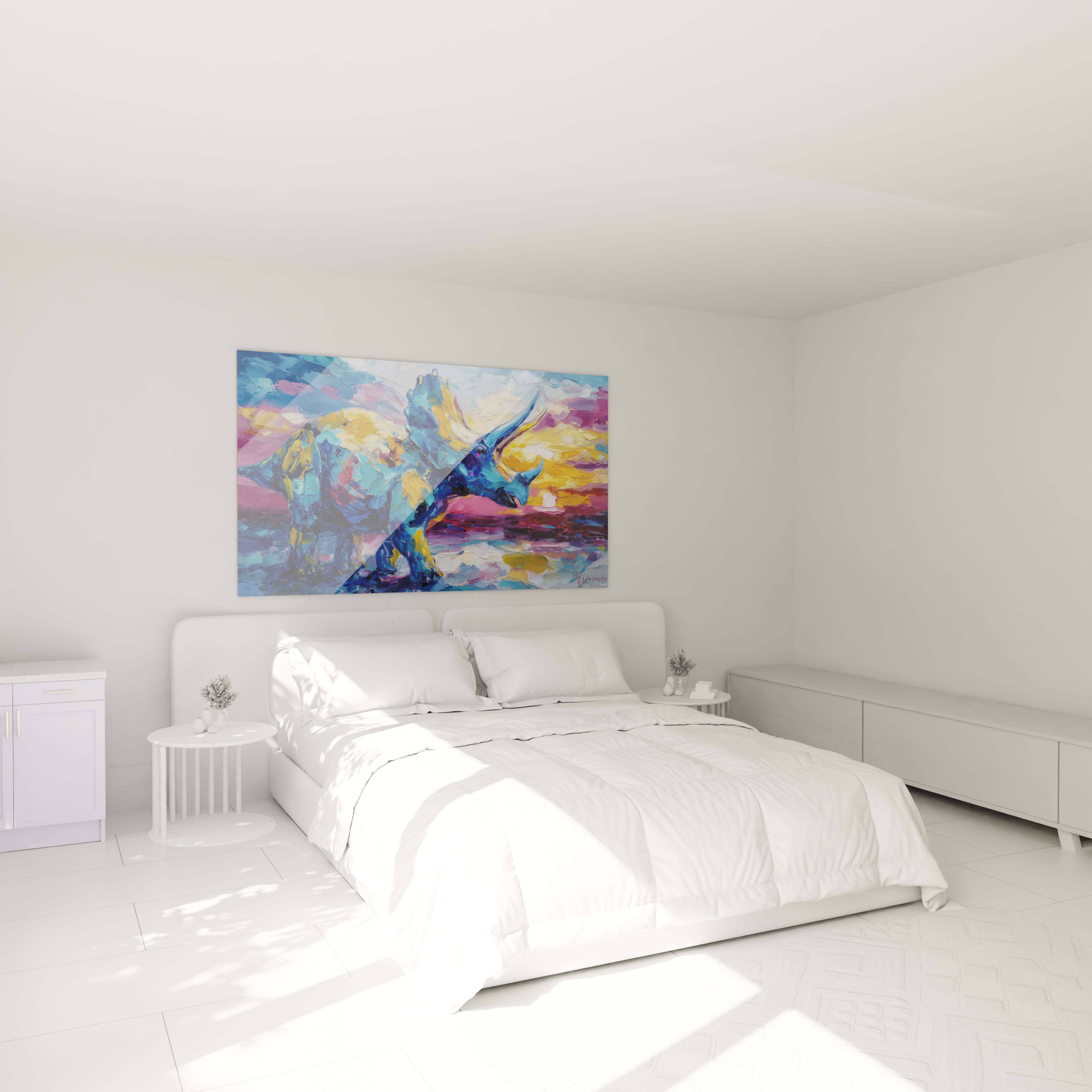 Ambiance chambre avec tableau triceratops coloré art mural dinosaure décoration moderne