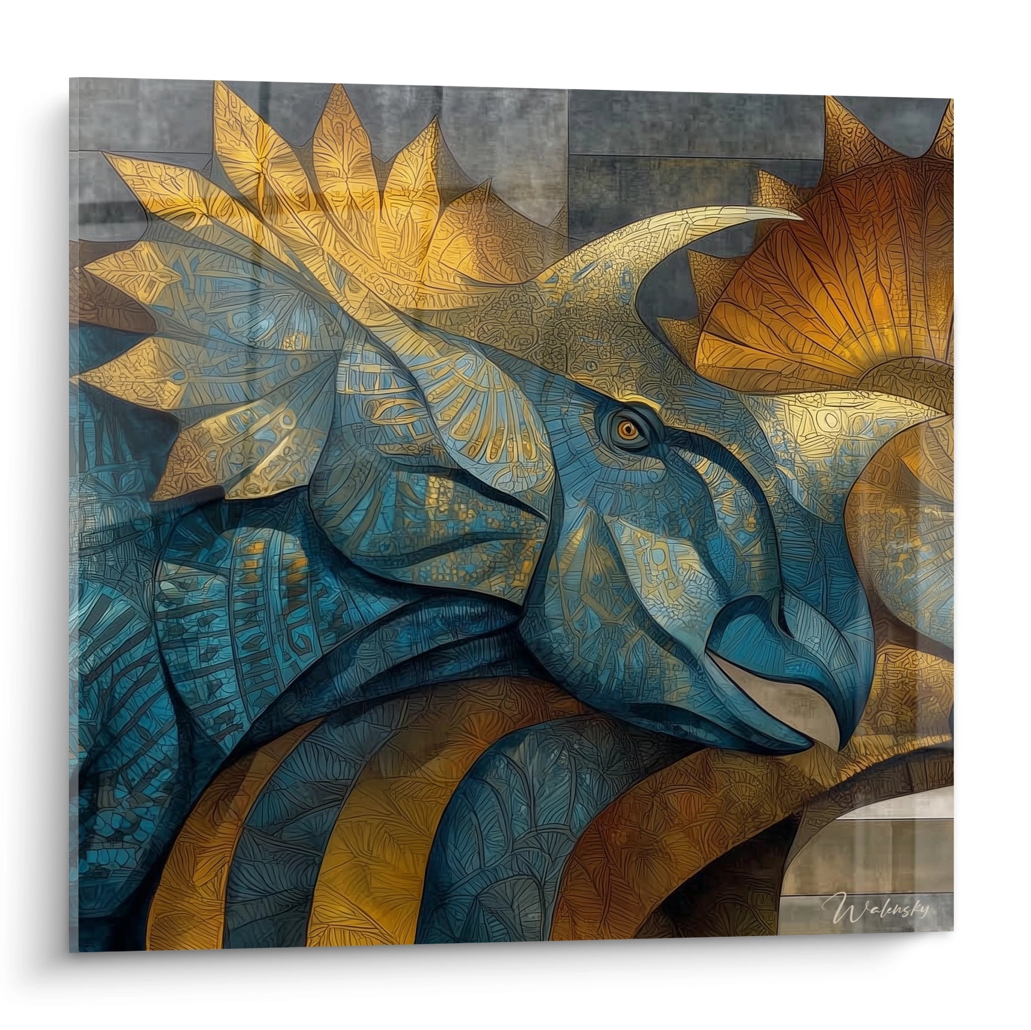 Tableau mural triceratops art abstrait avec mosaïque dorée et motifs géométriques bleus pour décoration dinosaure moderne