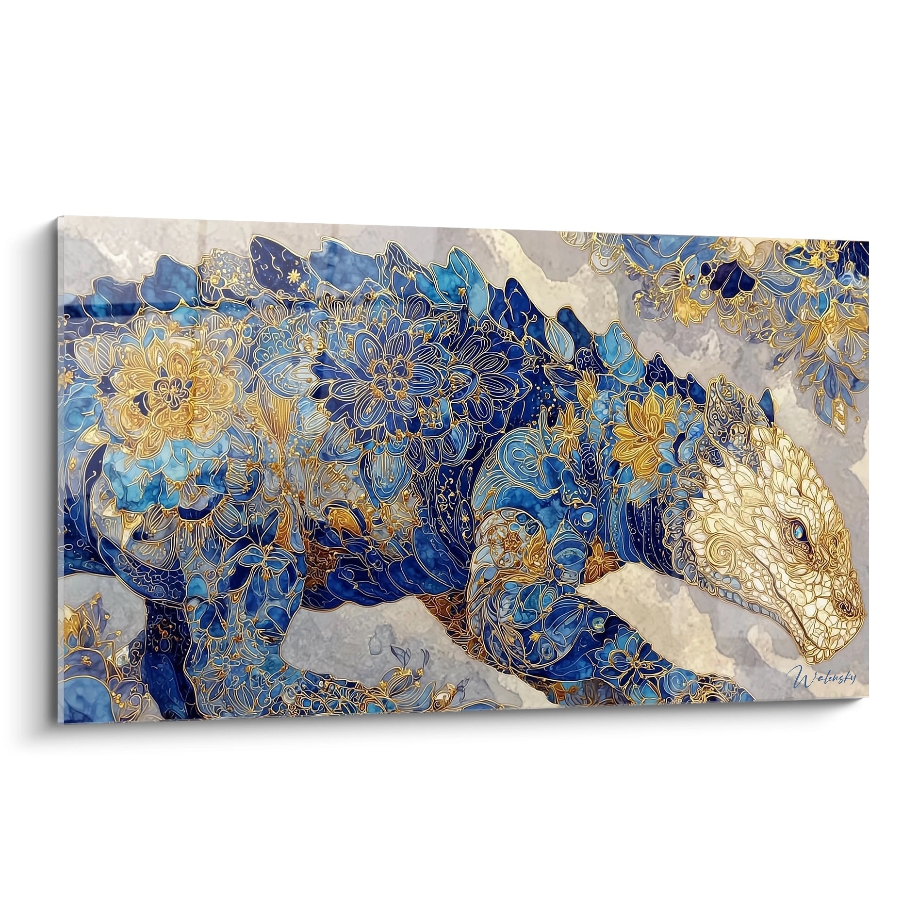 Tableau mural triceratops aux motifs floraux dorés sur fond bleu, art décoratif dinosaure pour décoration intérieure