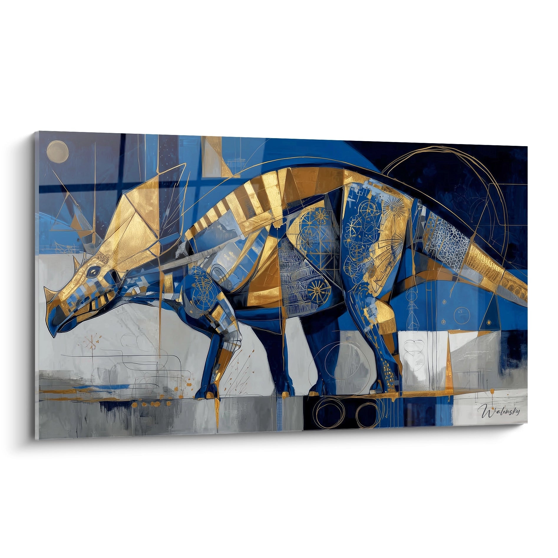 Tableau mural tricératops géométrique bleu et doré sur fond gris, art dinosaure contemporain décoratif