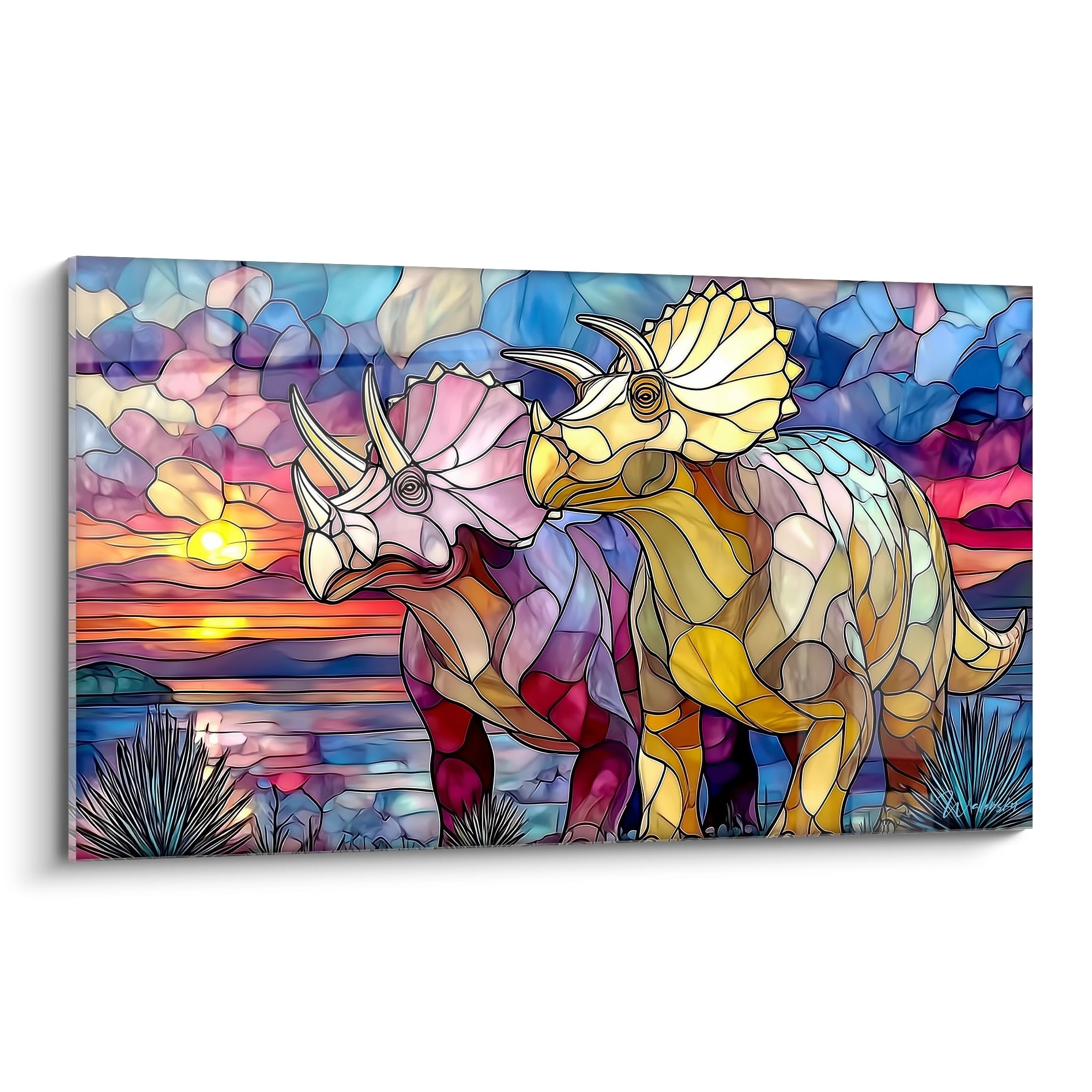 Tableau mural triceratops vitrail coloré style stained glass dinosaure art décoratif