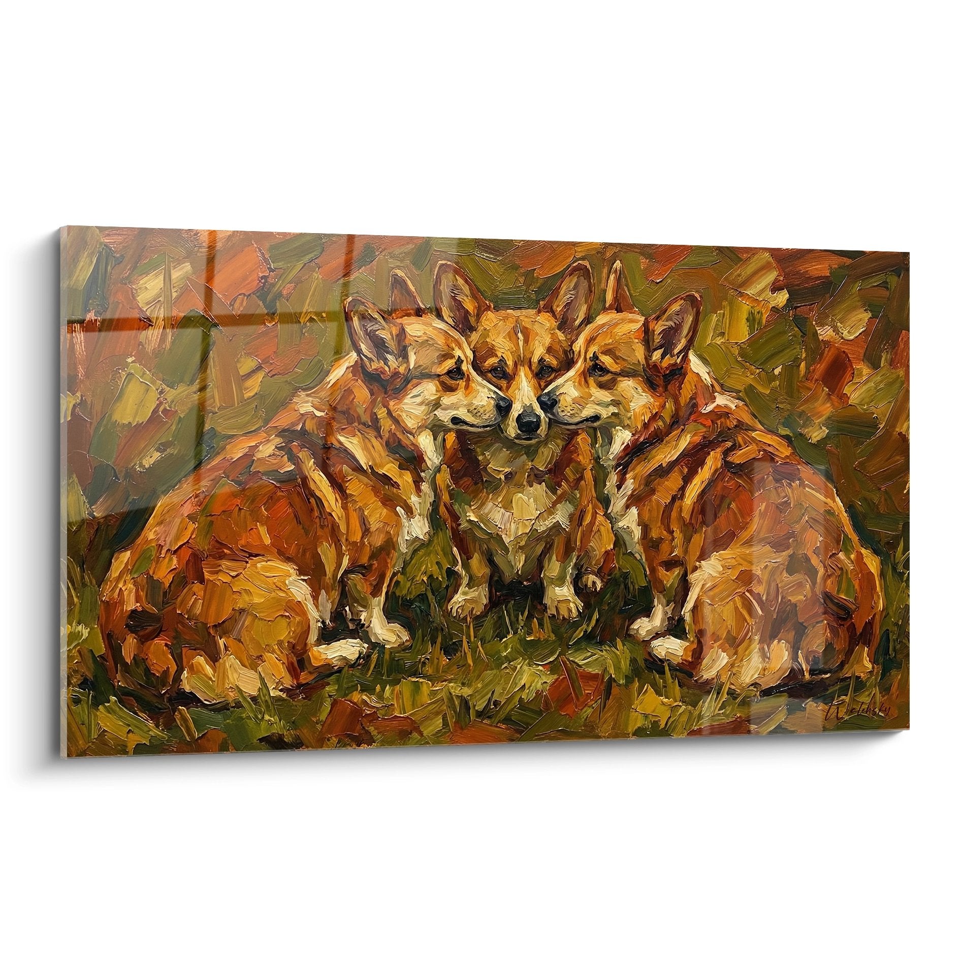 Tableau trois corgis pembroke assis tons roux orange empâtements expressifs ambiance automnale chaleureuse