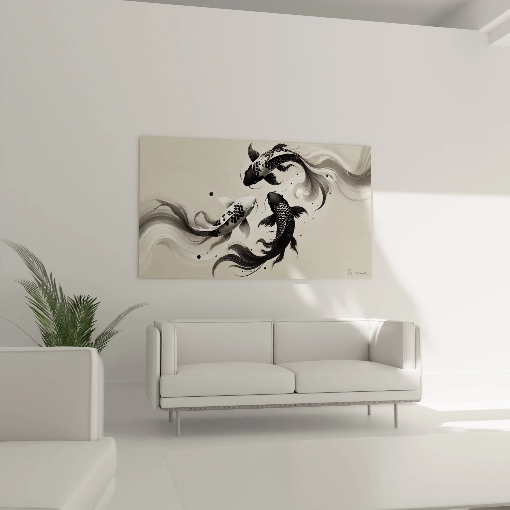 tableau poisson accroche au mur dans un salon au dessus d un canape ideal pour une deco contemporaine ses details subtils et nuances monochromes apportent elegance et equilibre