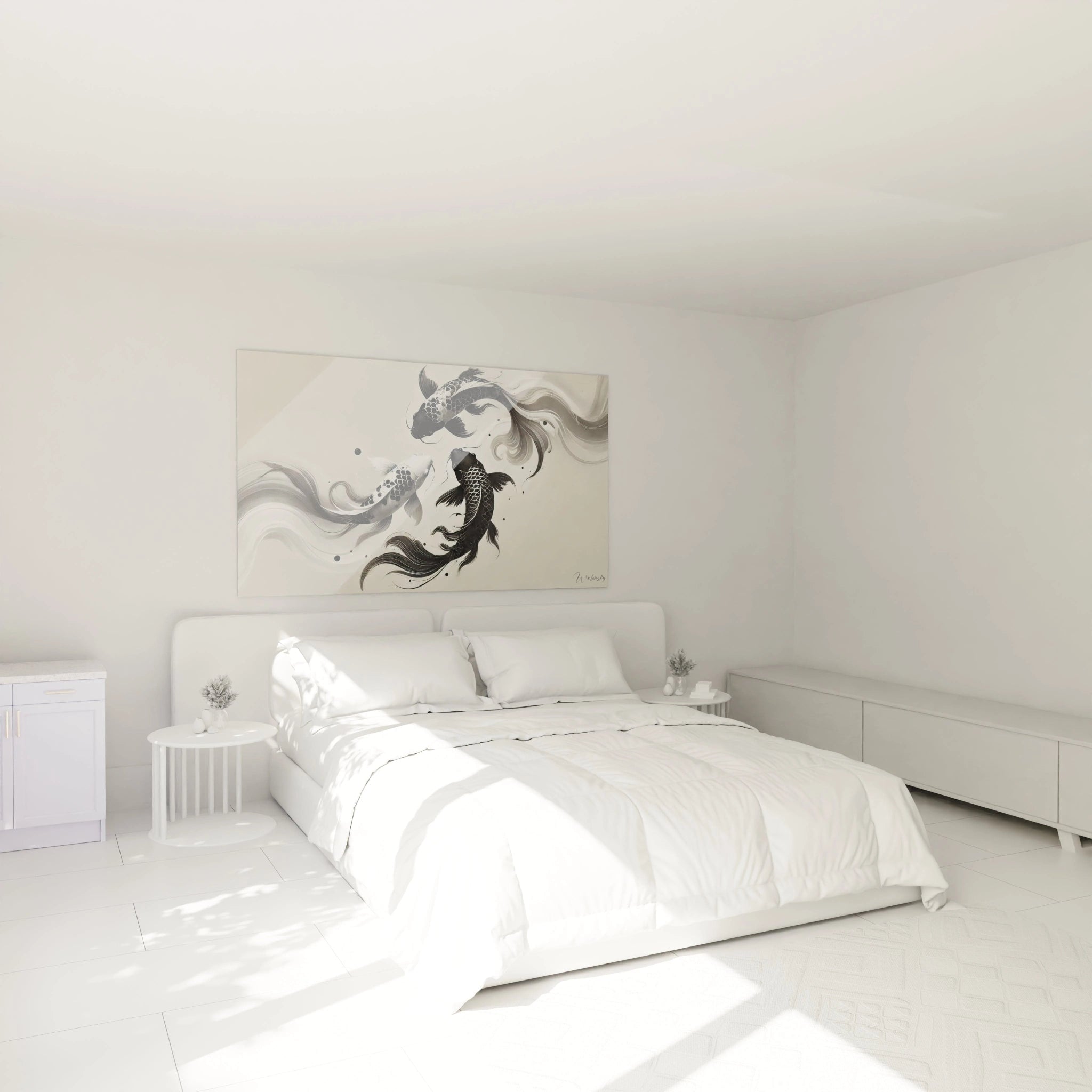 decoration epuree avec tableau poisson au dessus du lit dans une chambre moderne ses nuances de gris et sa representation abstraite ajoutent une touche apaisante et harmonieuse