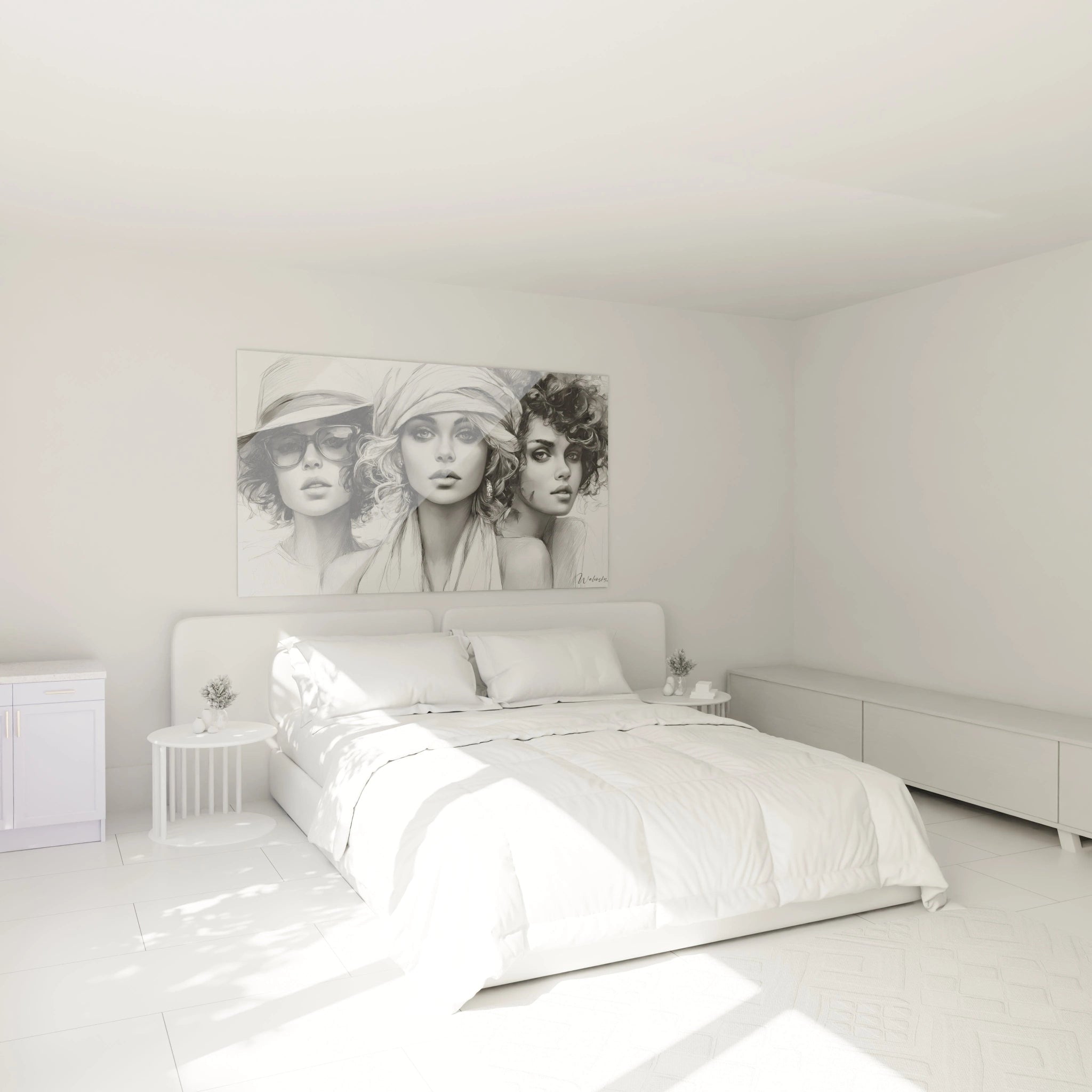 Tableau illustré trio féminin de Walensky, décor mural élégant pour chambre moderne et lumineuse