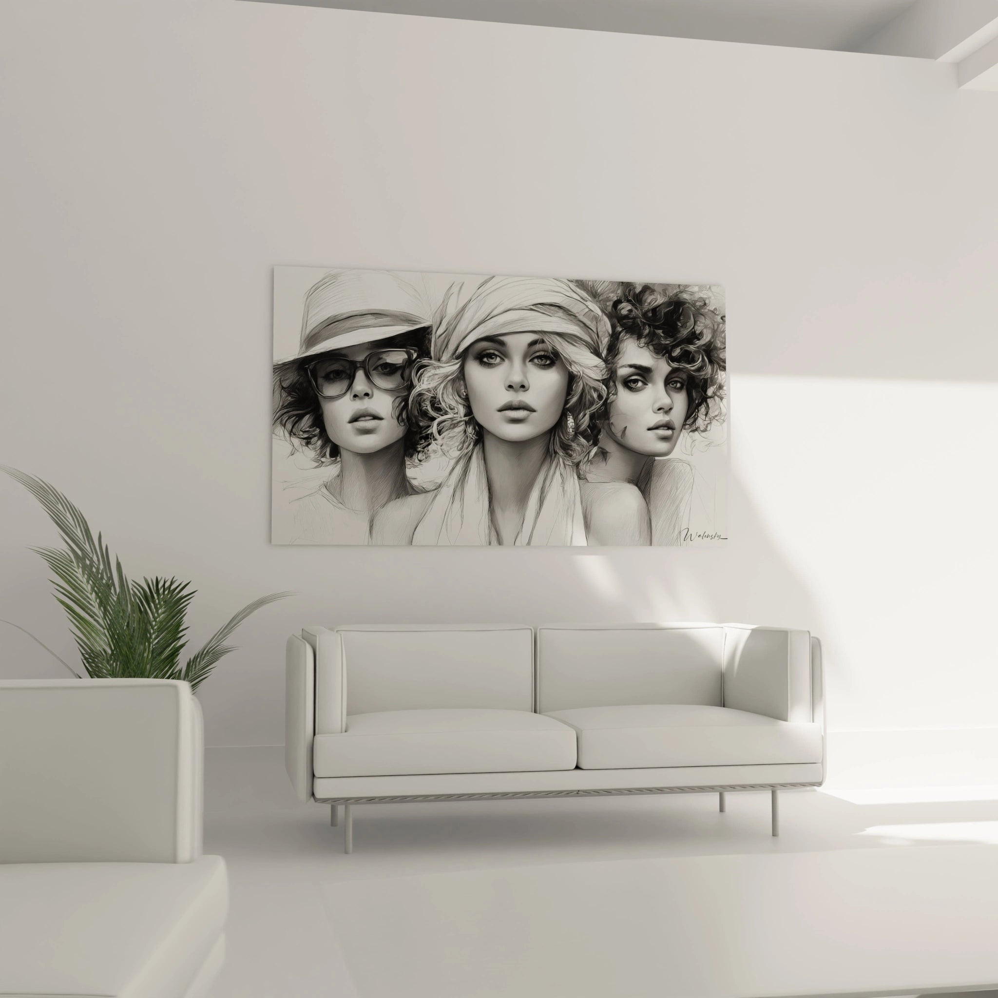 Tableau illustré trio féminin en noir et blanc, idéal pour décorer un salon moderne