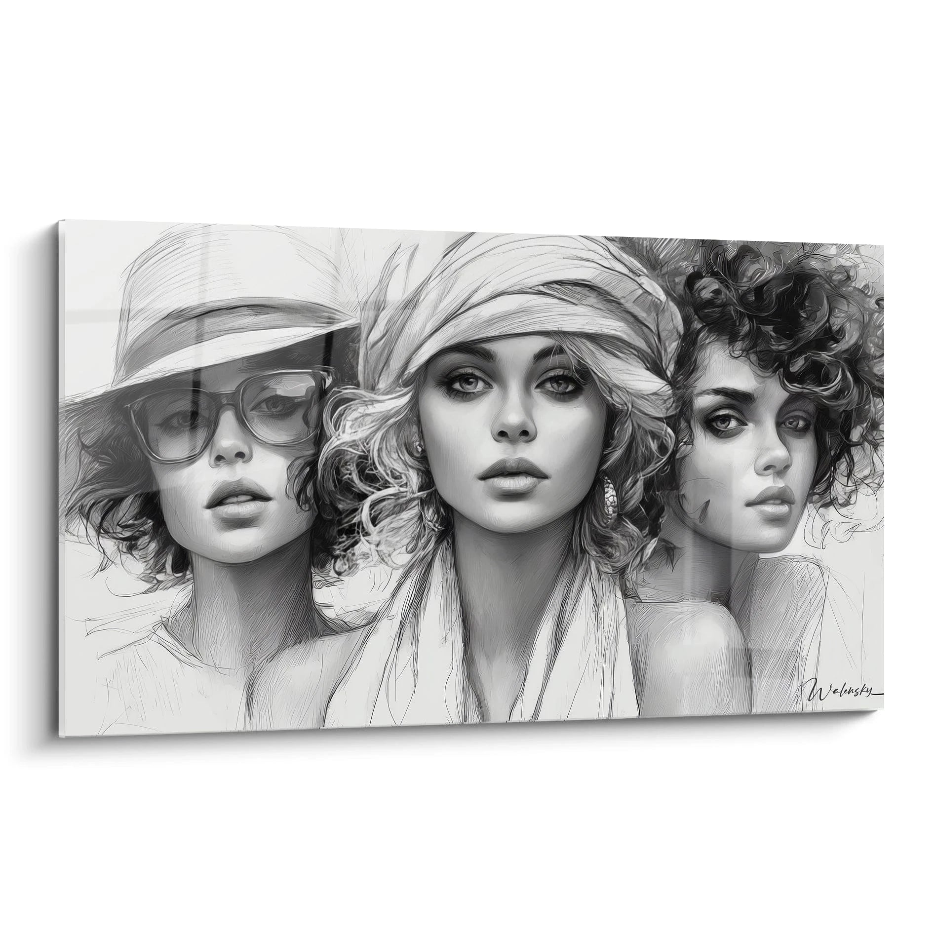 Tableau illustré trio féminin en noir et blanc, présentant trois femmes au style unique et artistique
