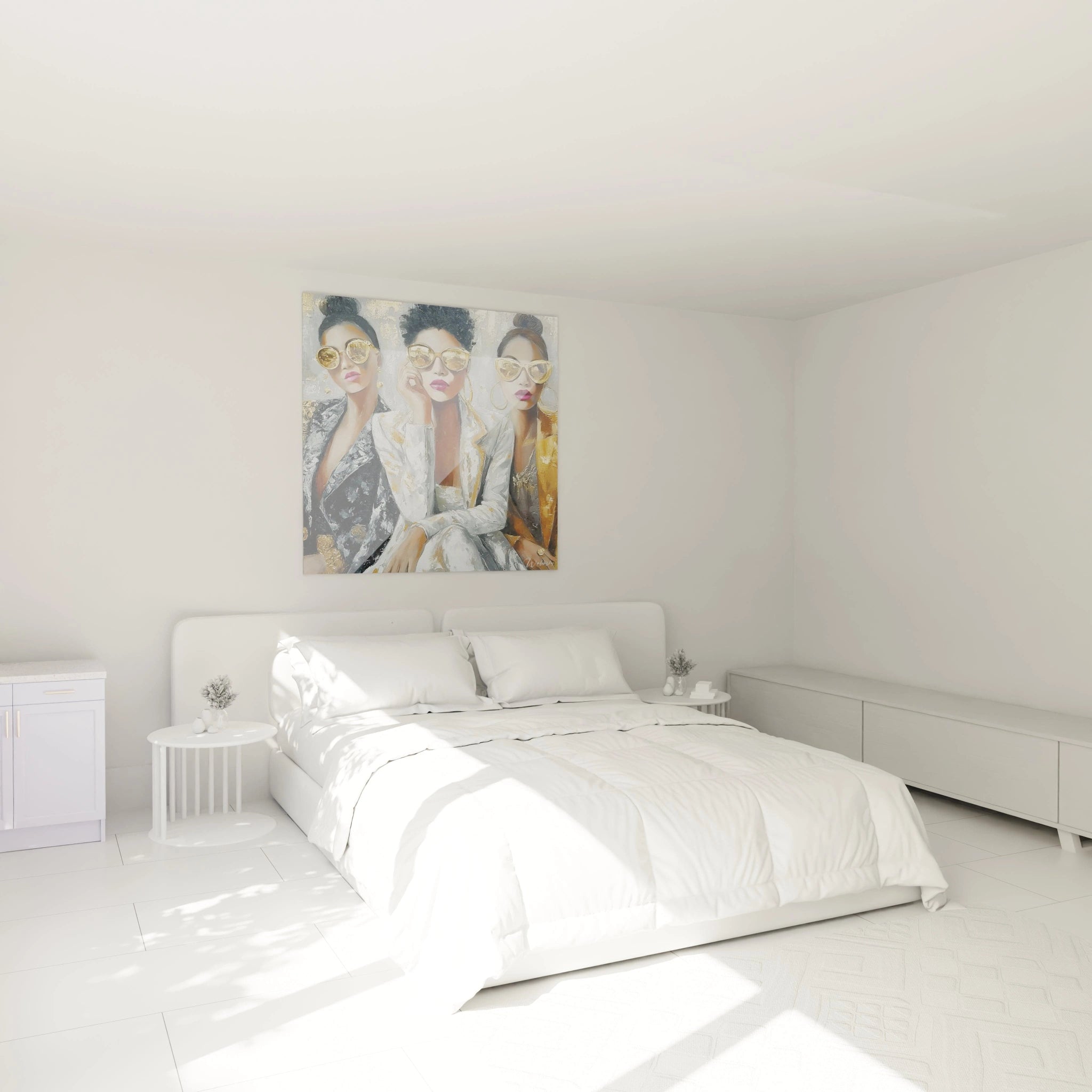 Tableau femme moderne streetwear décorant un mur dans une chambre lumineuse et minimaliste